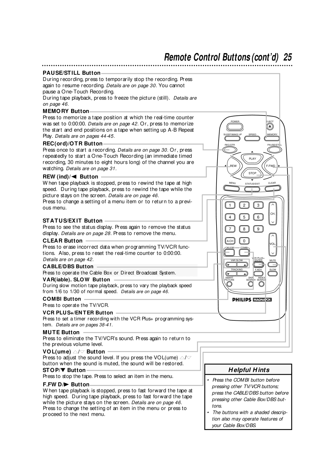 Philips CCA134AT PAUSE/STILL Button, Memory Button, REWind/ Button, STATUS/EXIT Button, Clear Button, CABLE/DBS Button 