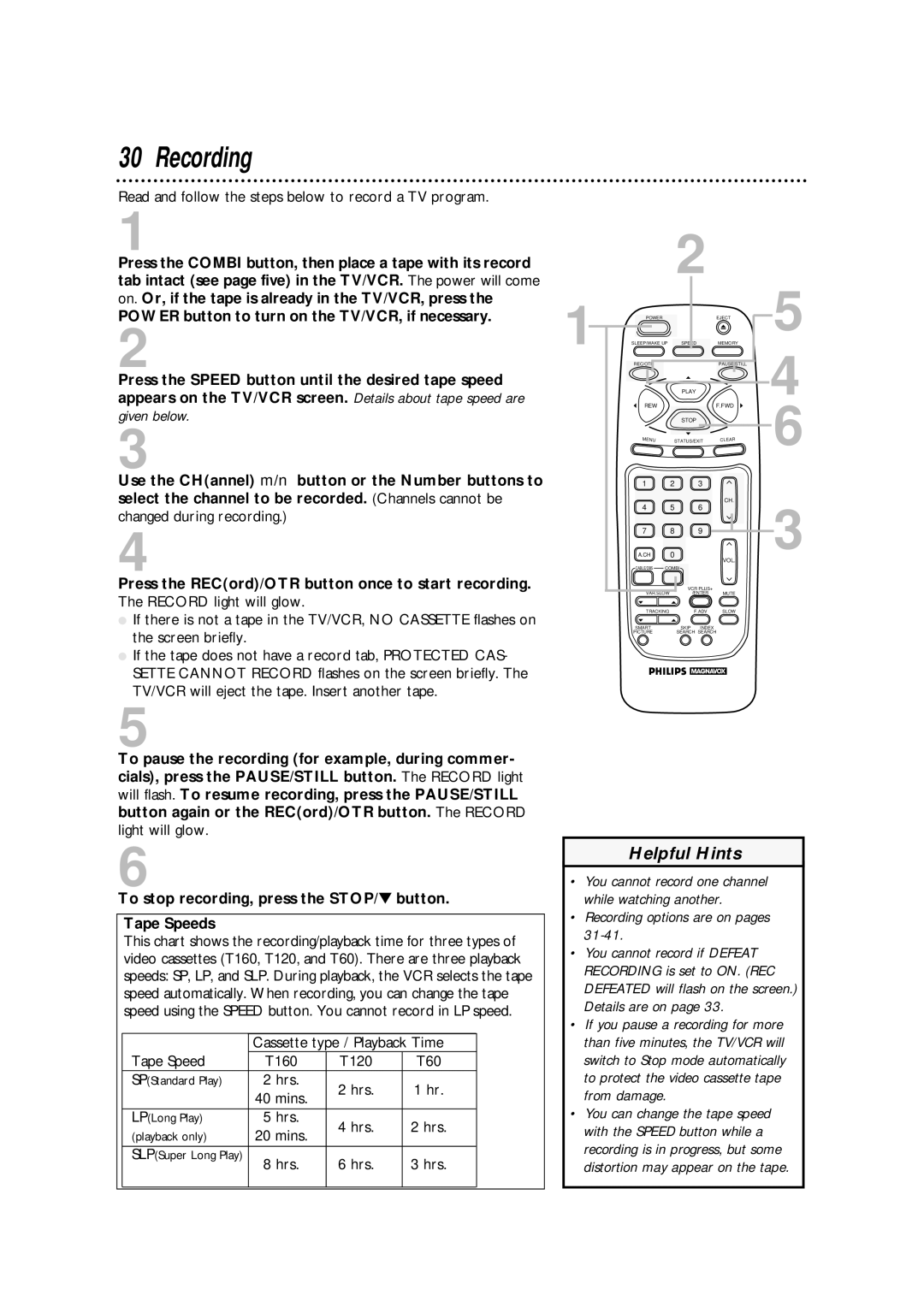 Philips CCA134AT owner manual Recording, Power button to turn on the TV/VCR, if necessary 