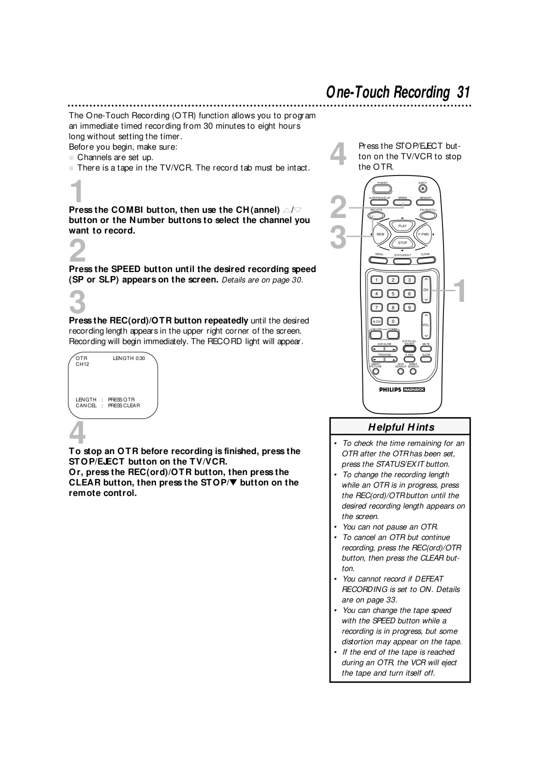 Philips CCA134AT owner manual Otr, Length Press OTR Cancel Press Clear 