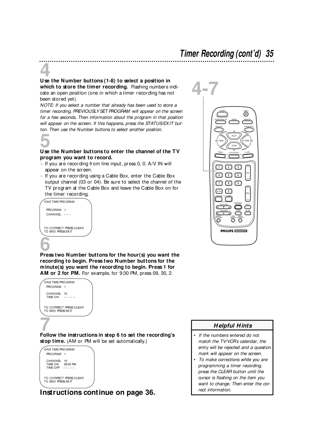 Philips CCA134AT owner manual ONE Time Program Channel Time on, Time OFF To Correct Press Clear To END Press Exit 