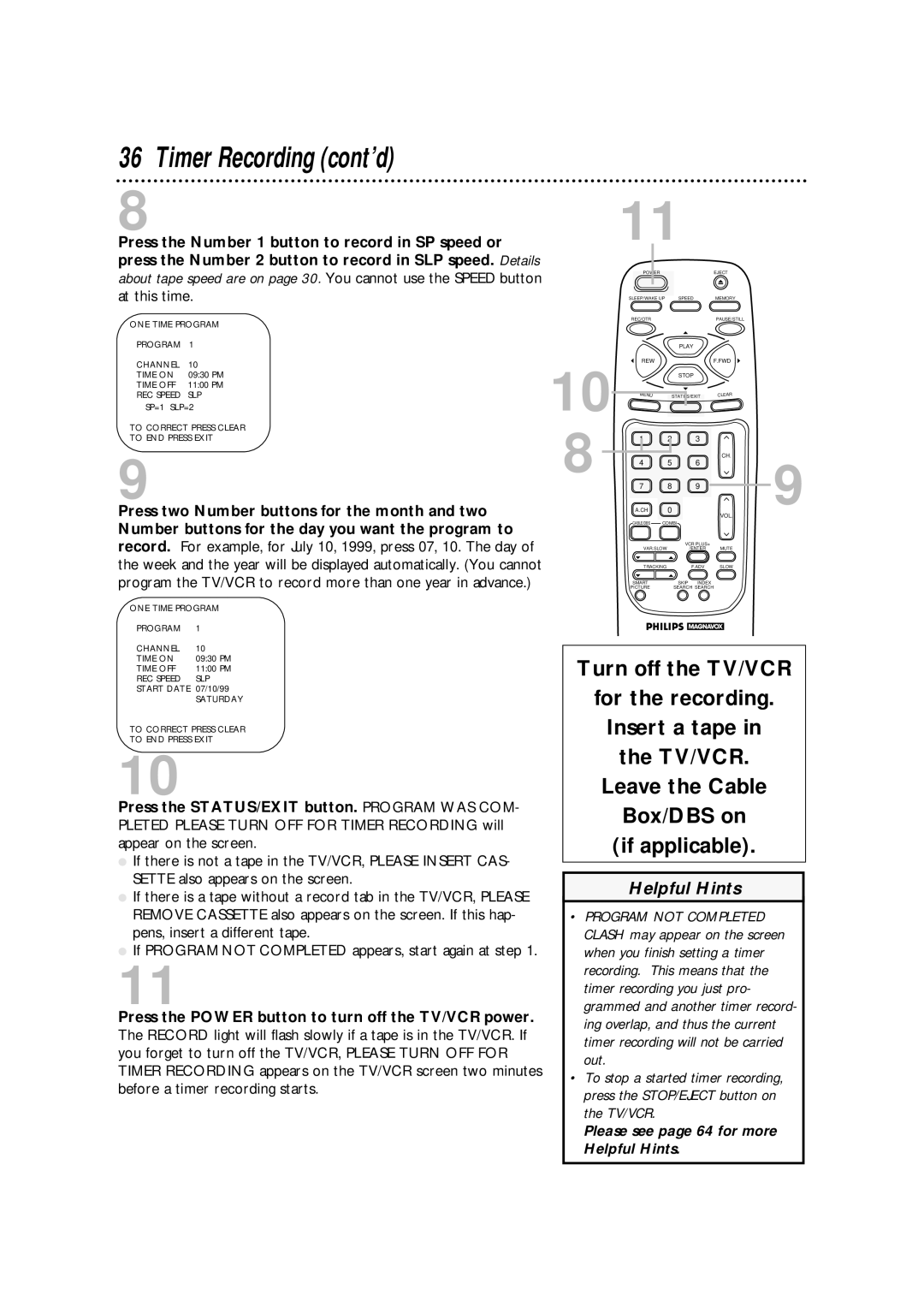 Philips CCA134AT owner manual Timer Recording cont’d 