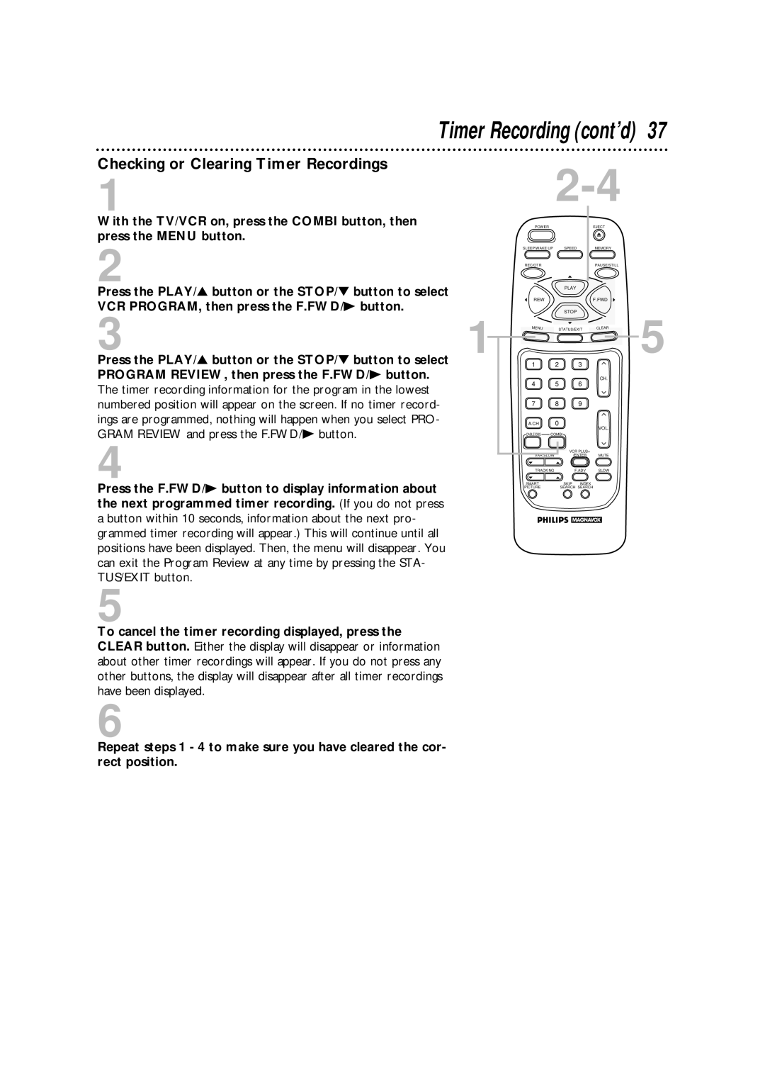 Philips CCA134AT owner manual Checking or Clearing Timer Recordings 