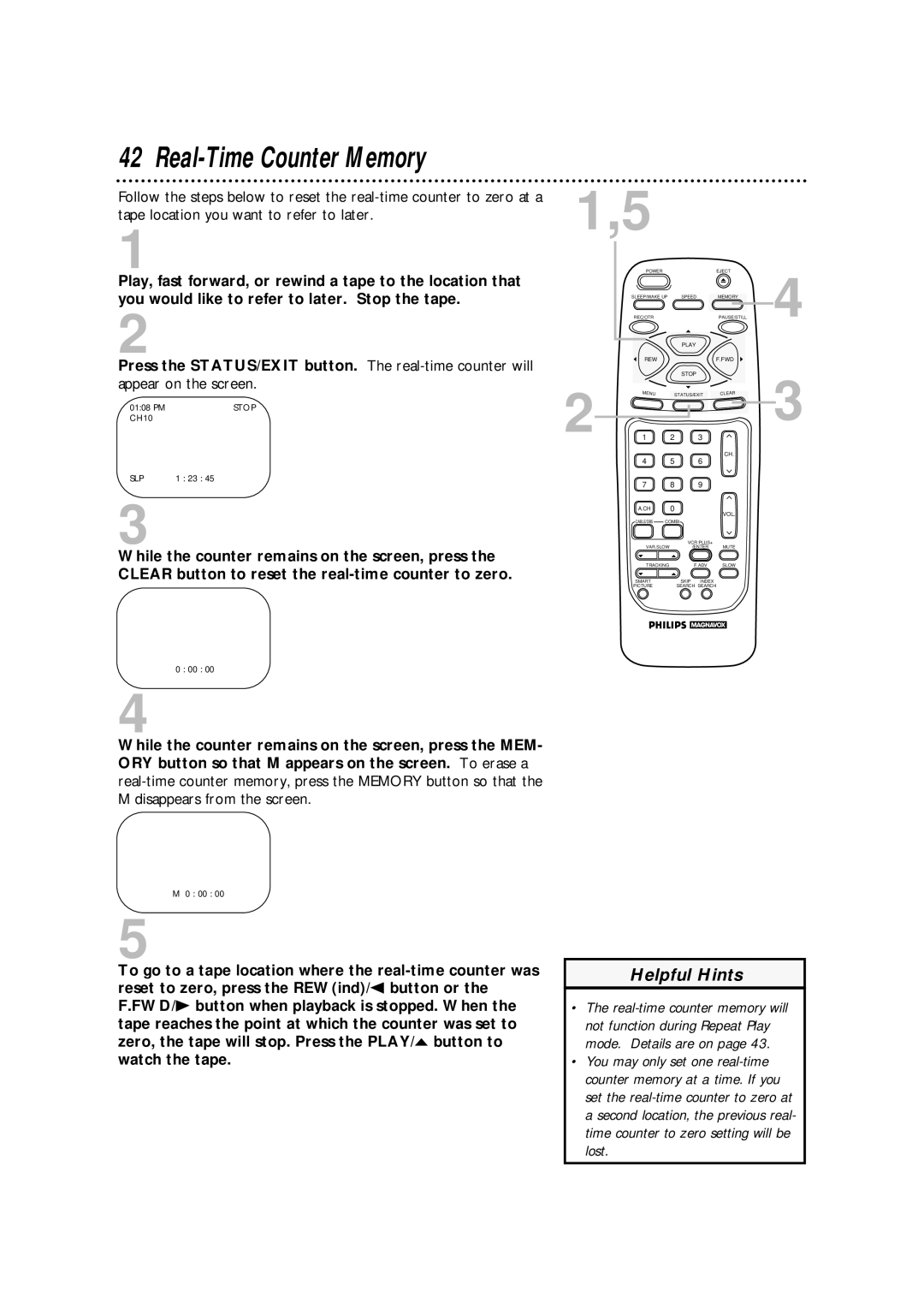 Philips CCA134AT owner manual Real-Time Counter Memory, Appear on the screen 