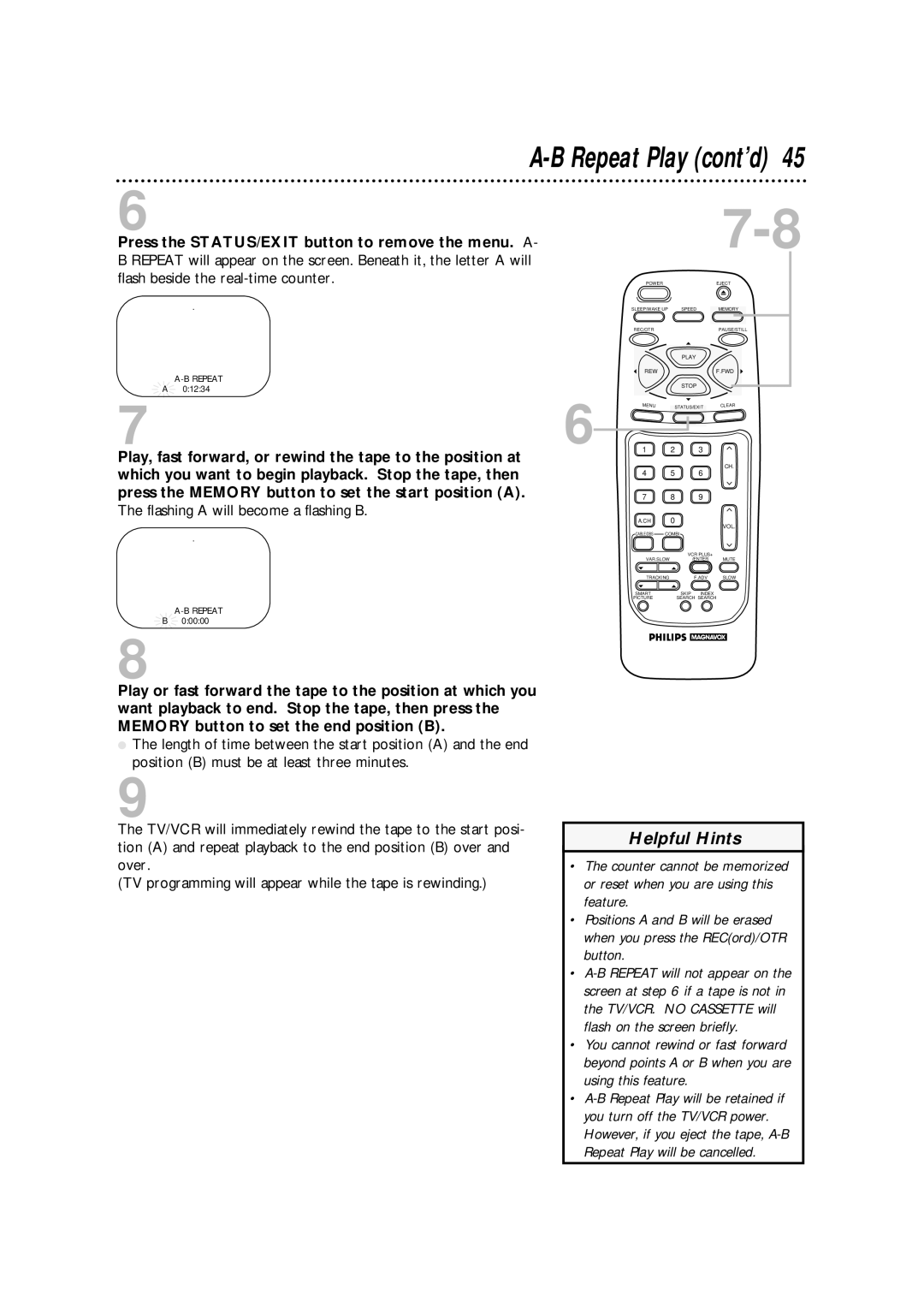 Philips CCA134AT owner manual Flashing a will become a flashing B, Repeat 