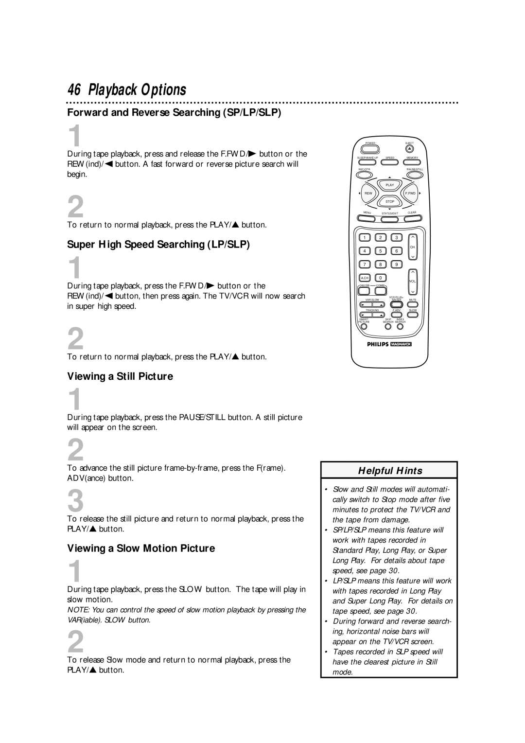 Philips CCA134AT owner manual Playback Options, Forward and Reverse Searching SP/LP/SLP, Super High Speed Searching LP/SLP 