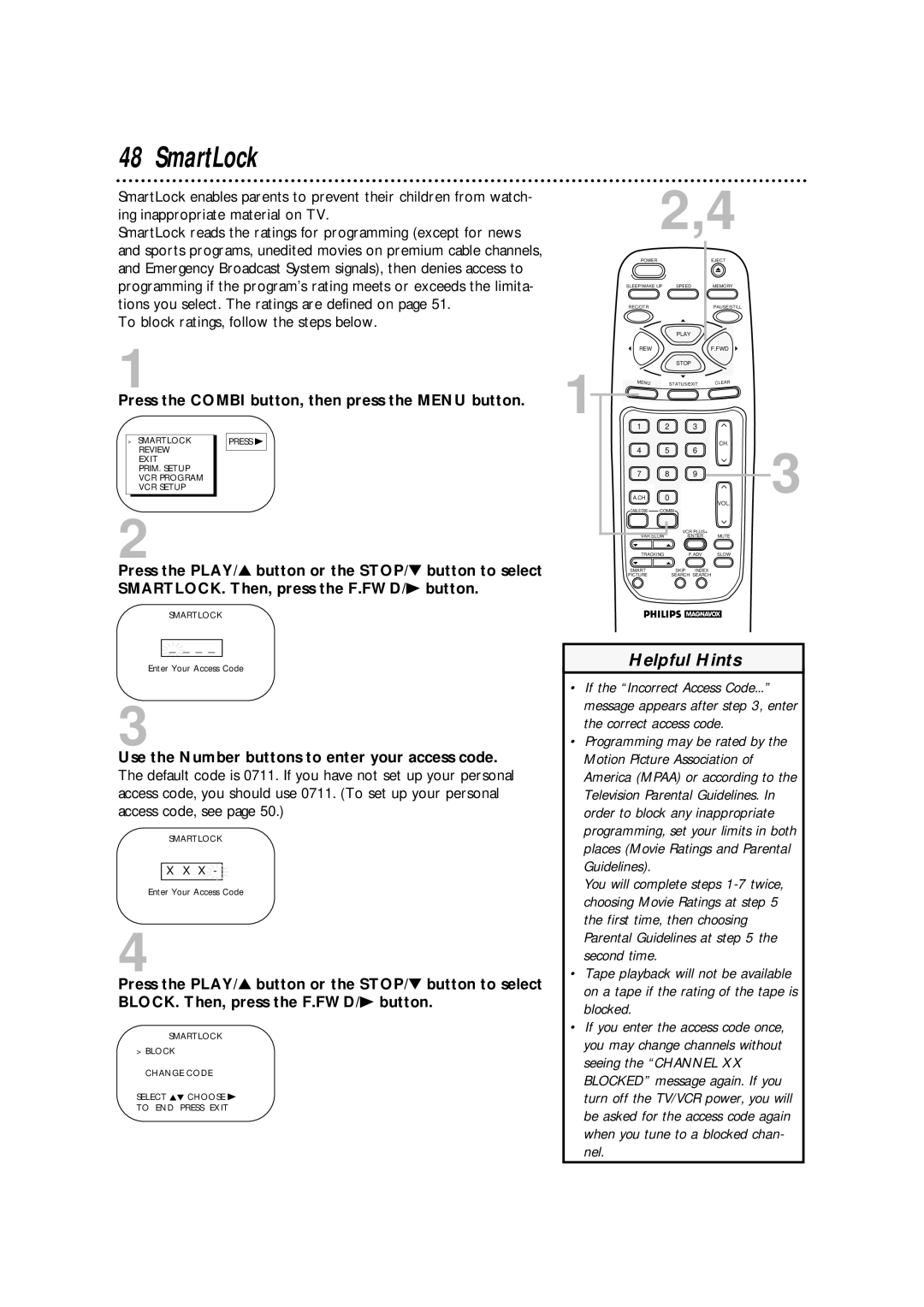 Philips CCA134AT owner manual SmartLock, To block ratings, follow the steps below 