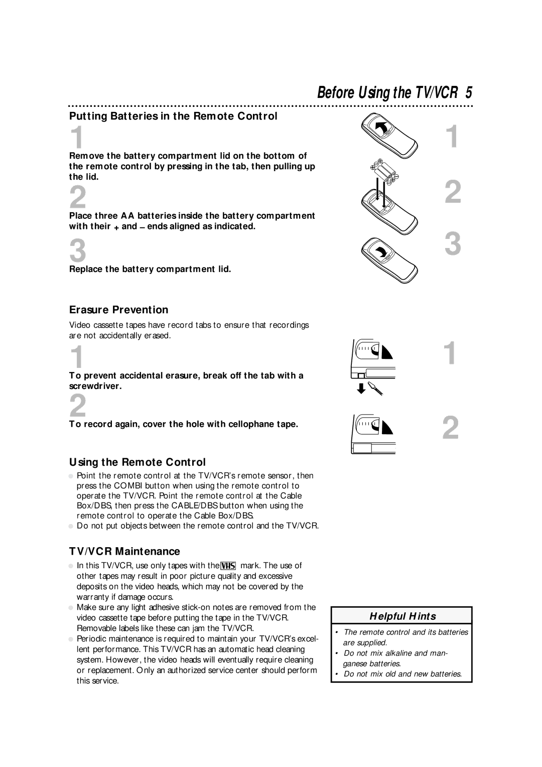 Philips CCA134AT Putting Batteries in the Remote Control, Erasure Prevention, Using the Remote Control, TV/VCR Maintenance 