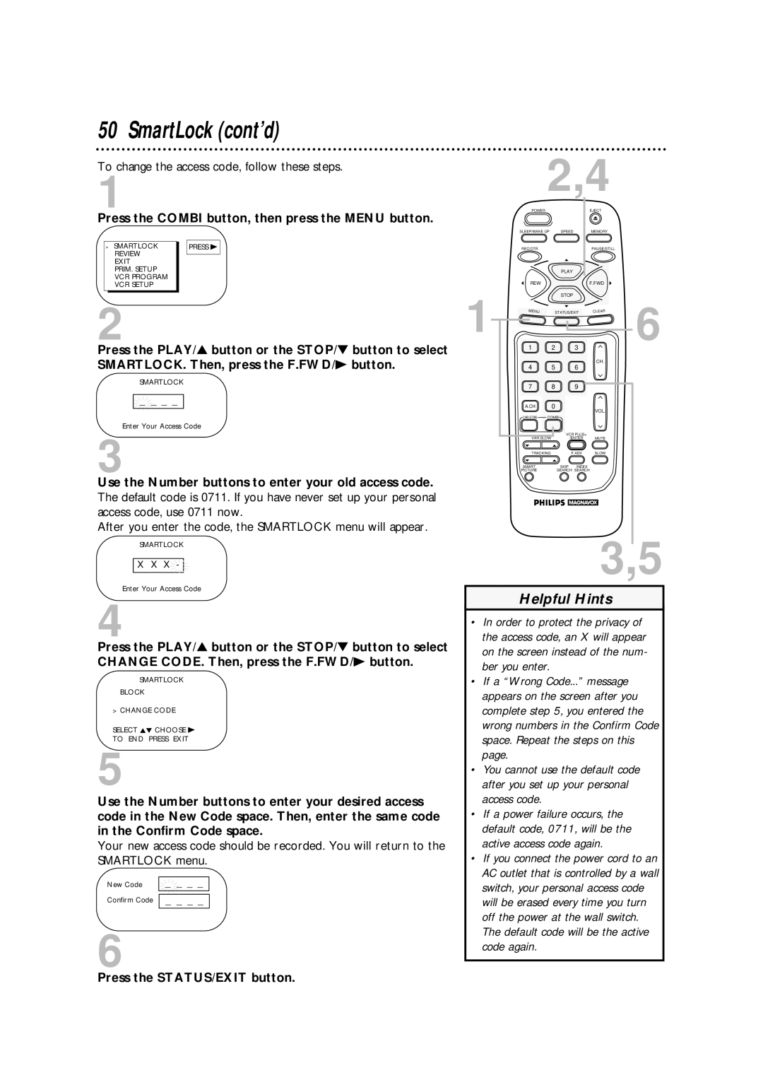 Philips CCA134AT To change the access code, follow these steps, After you enter the code, the Smartlock menu will appear 