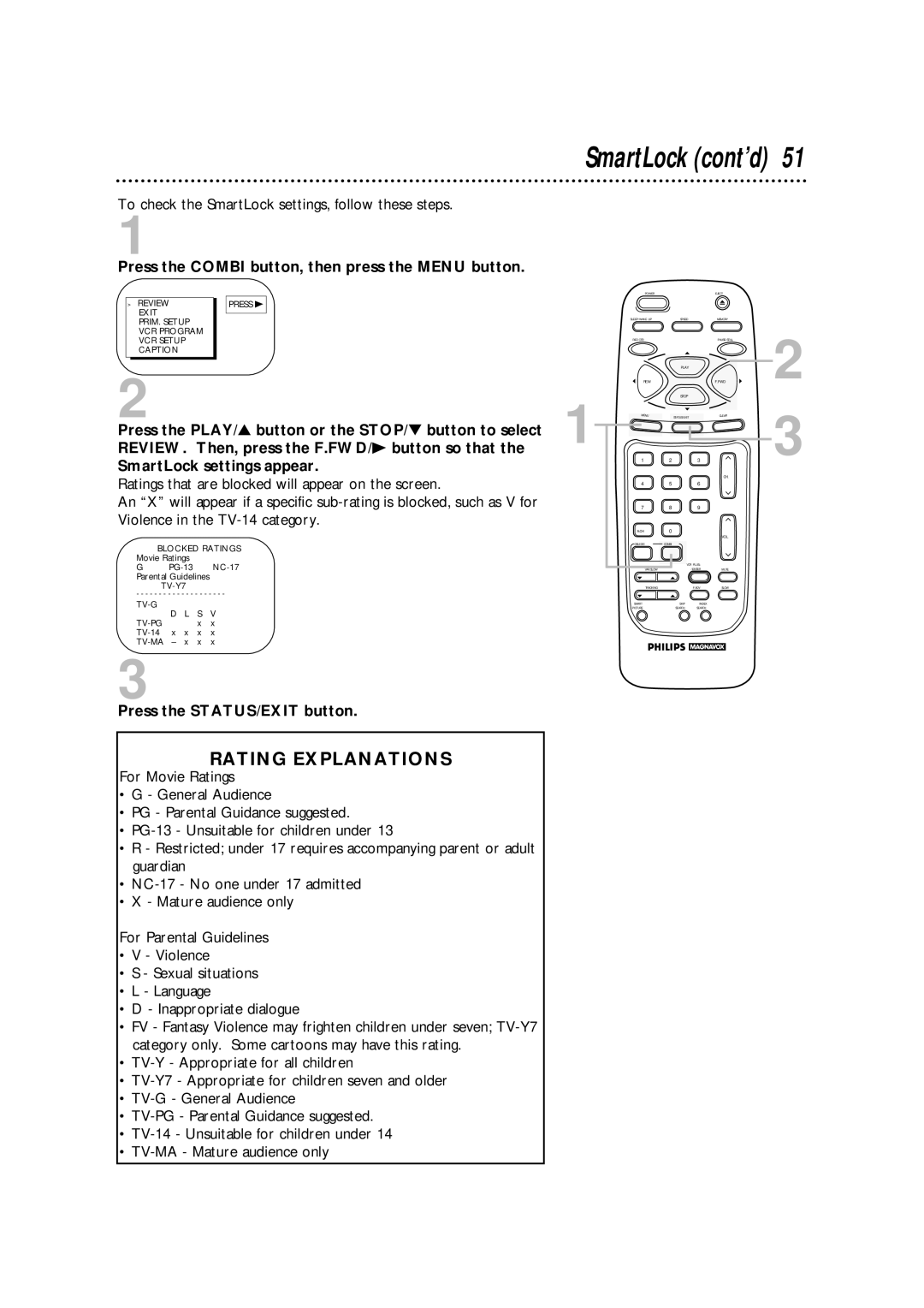 Philips CCA134AT owner manual To check the SmartLock settings, follow these steps, Blocked Ratings, TV-Y7 TV-G 