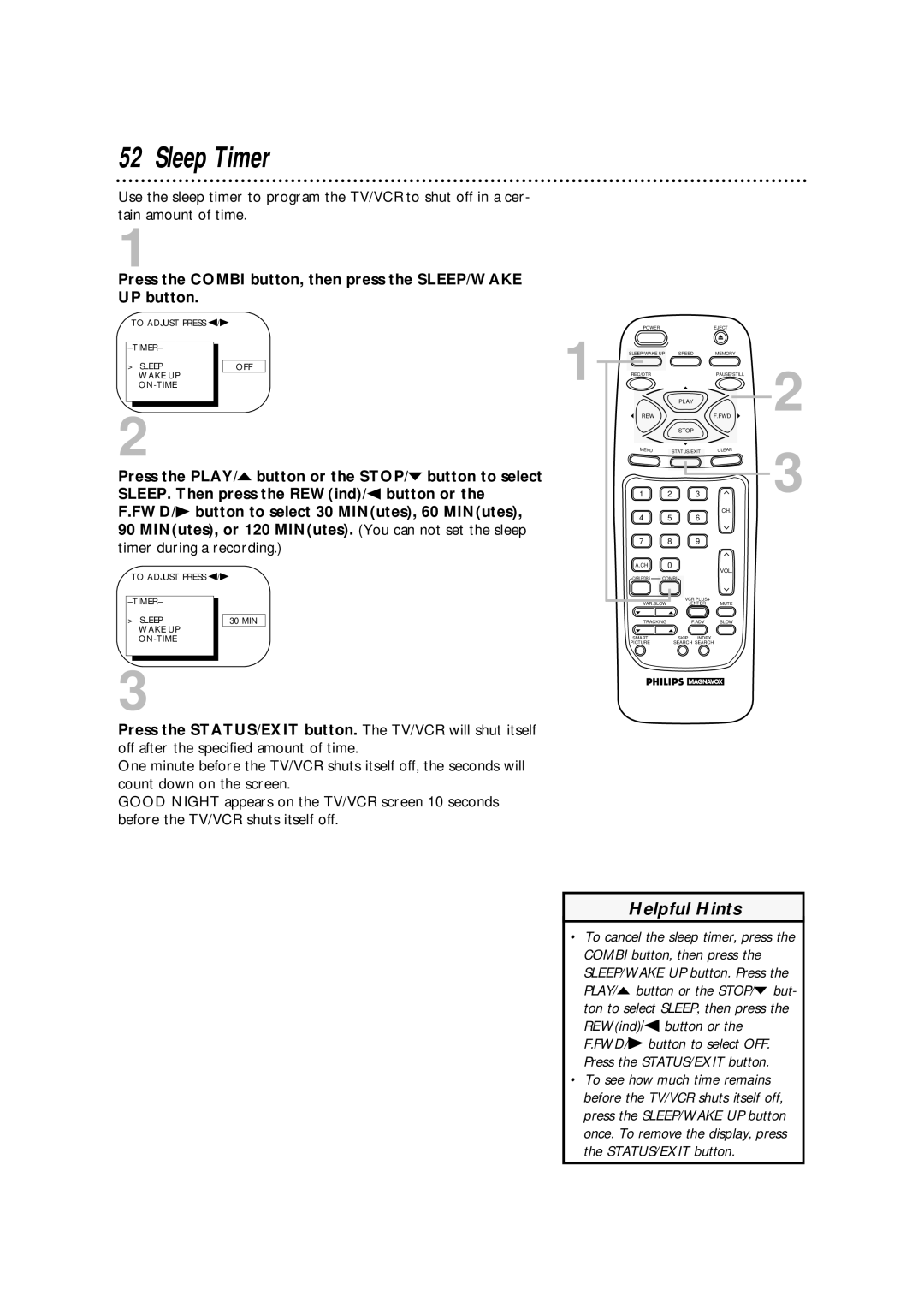 Philips CCA134AT Sleep Timer, Press the Combi button, then press the SLEEP/WAKE UP button, Timer during a recording 