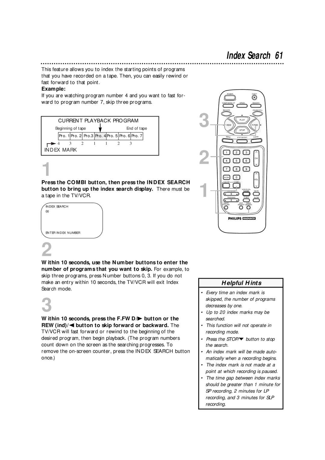 Philips CCA134AT owner manual Tape in the TV/VCR, Index Search Enter Index Number 