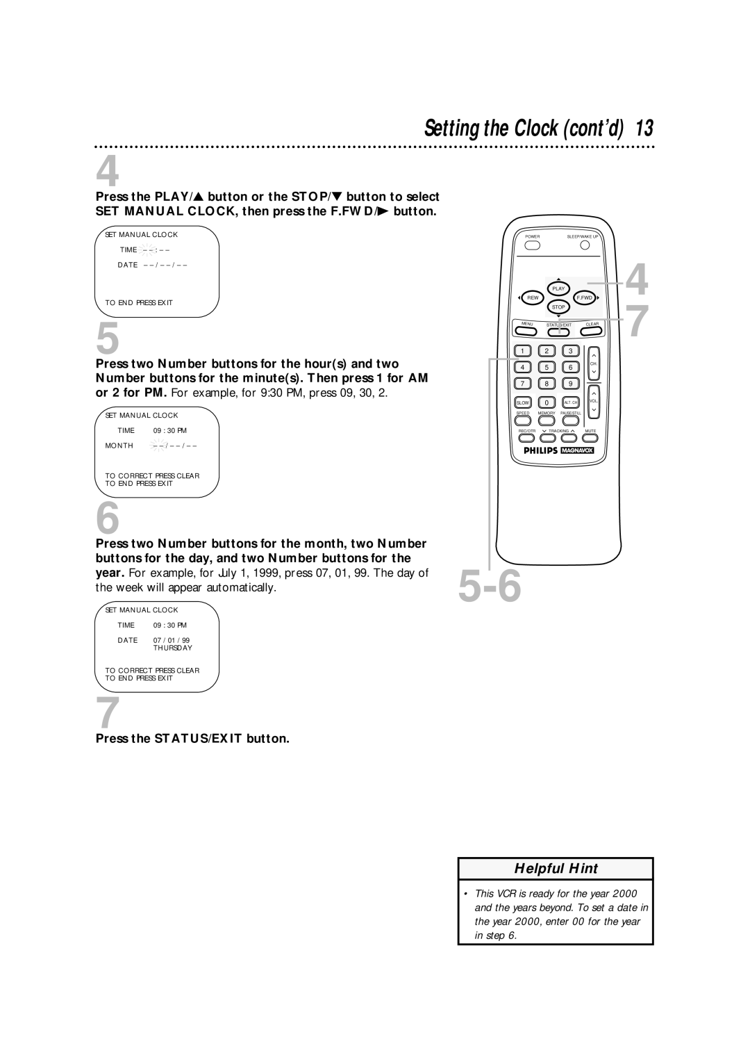 Philips CCA193AT owner manual Setting the Clock cont’d, Date 