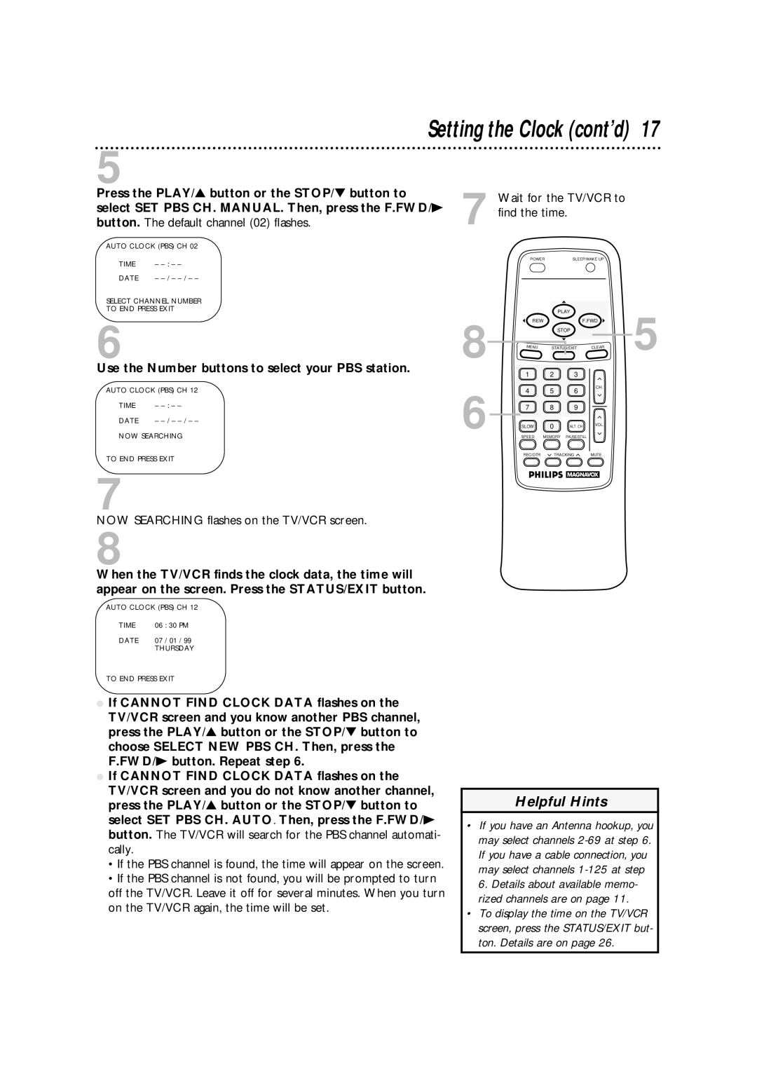 Philips CCA193AT Press the PLAY/ button or the STOP/ button to, Select SET PBS CH. MANUAL. Then, press the F.FWD/B 