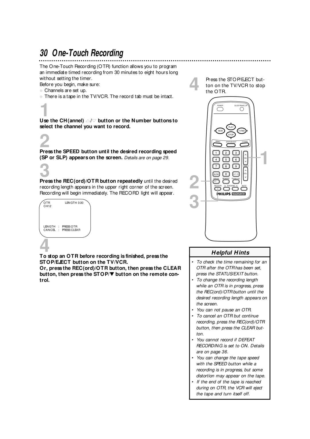 Philips CCA193AT owner manual One-Touch Recording, Otr 