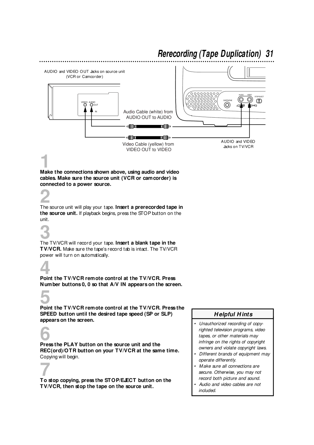 Philips CCA193AT owner manual Rerecording Tape Duplication, Different brands of equipment may operate differently 