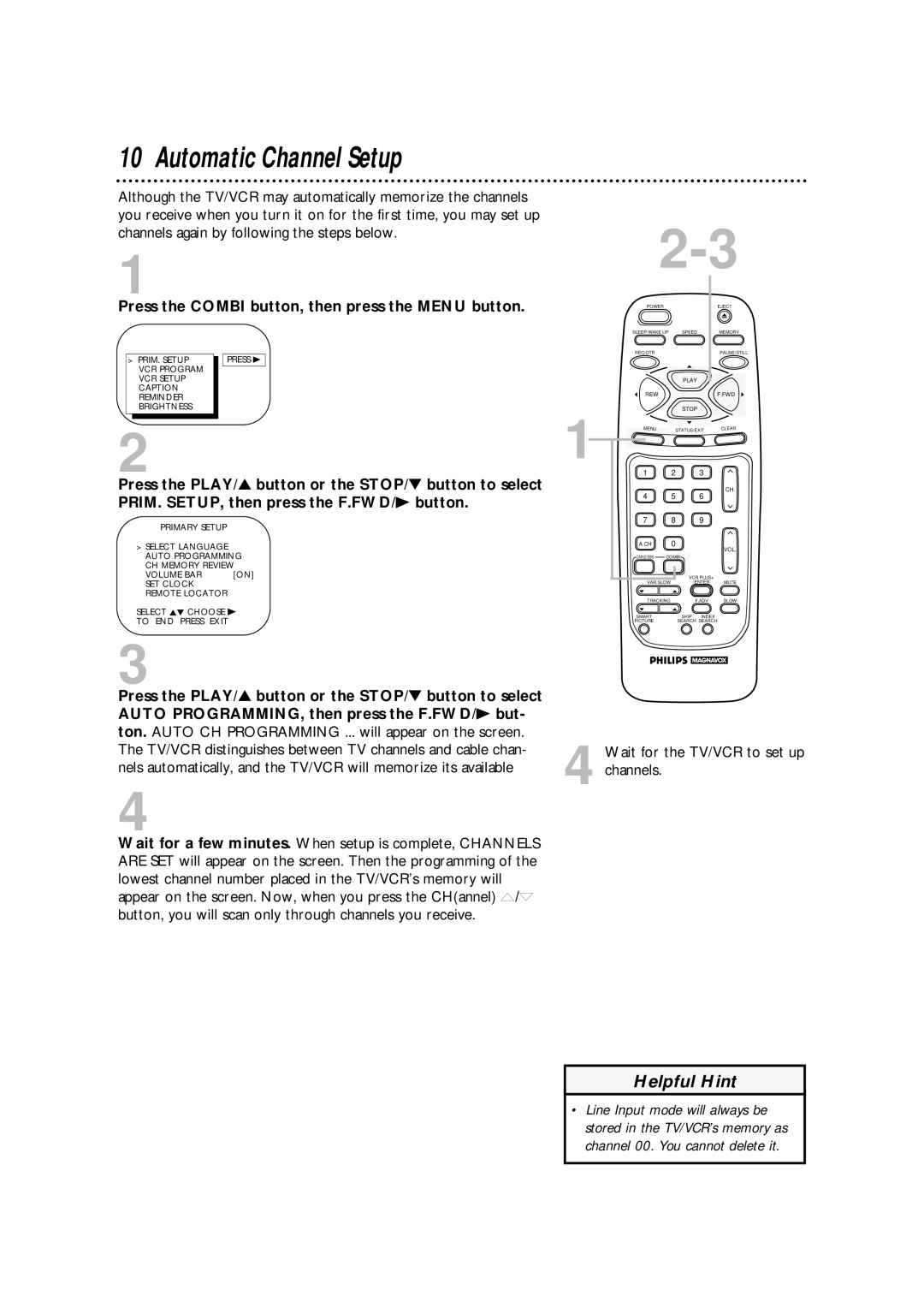 Philips CCA194AT owner manual Automatic Channel Setup, Wait for the TV/VCR to set up channels 