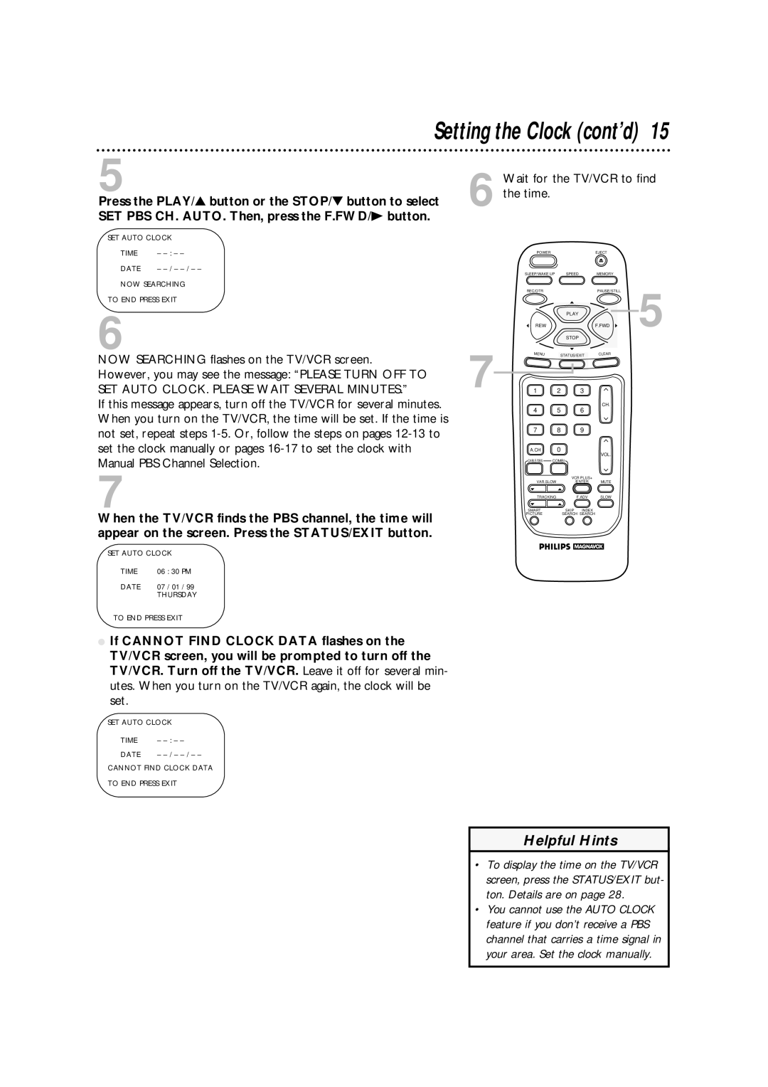 Philips CCA194AT owner manual Wait for the TV/VCR to find, SET Auto Clock Time, NOW Searching 