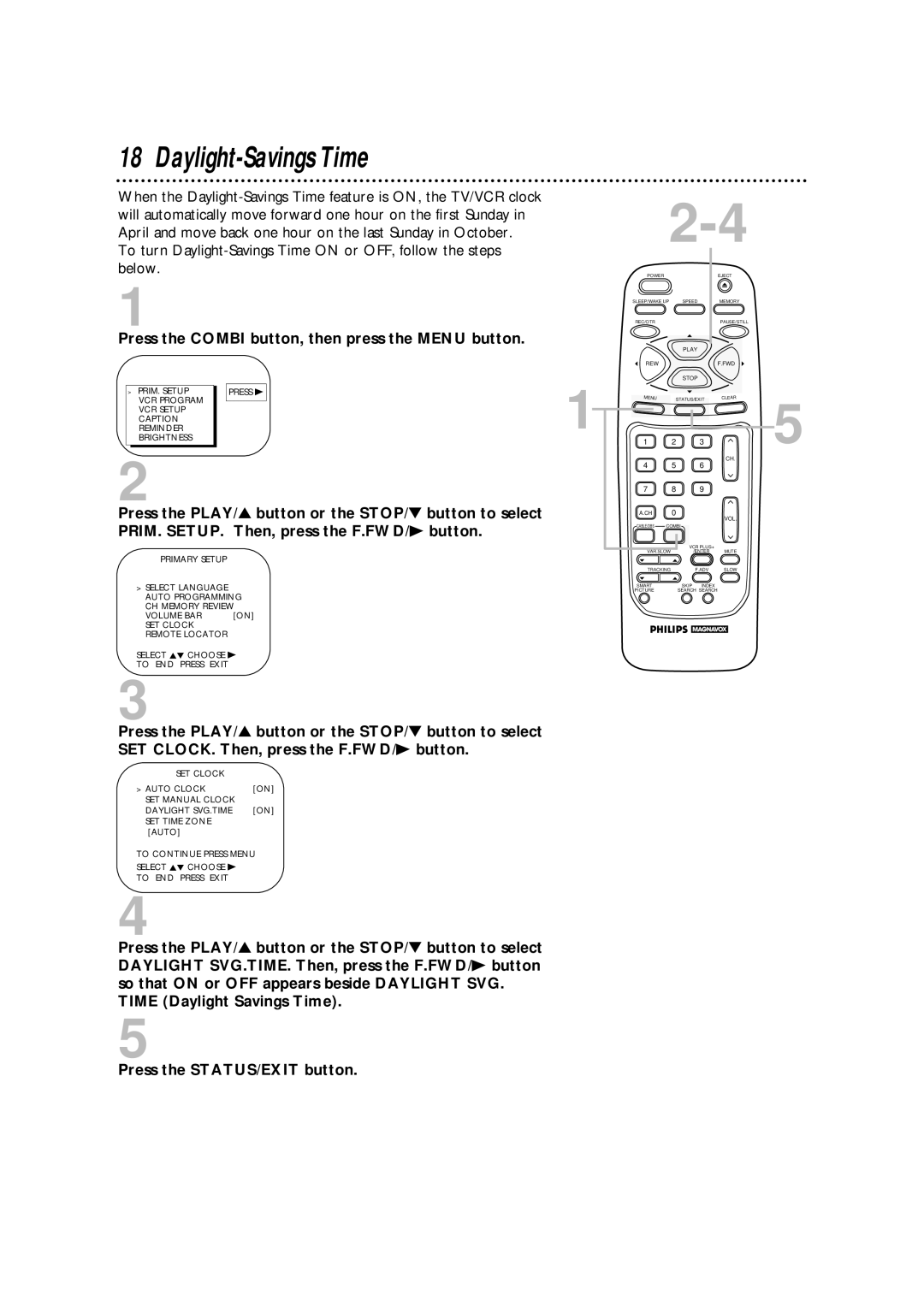 Philips CCA194AT owner manual Daylight-Savings Time, Time Daylight Savings Time, Primary Setup 