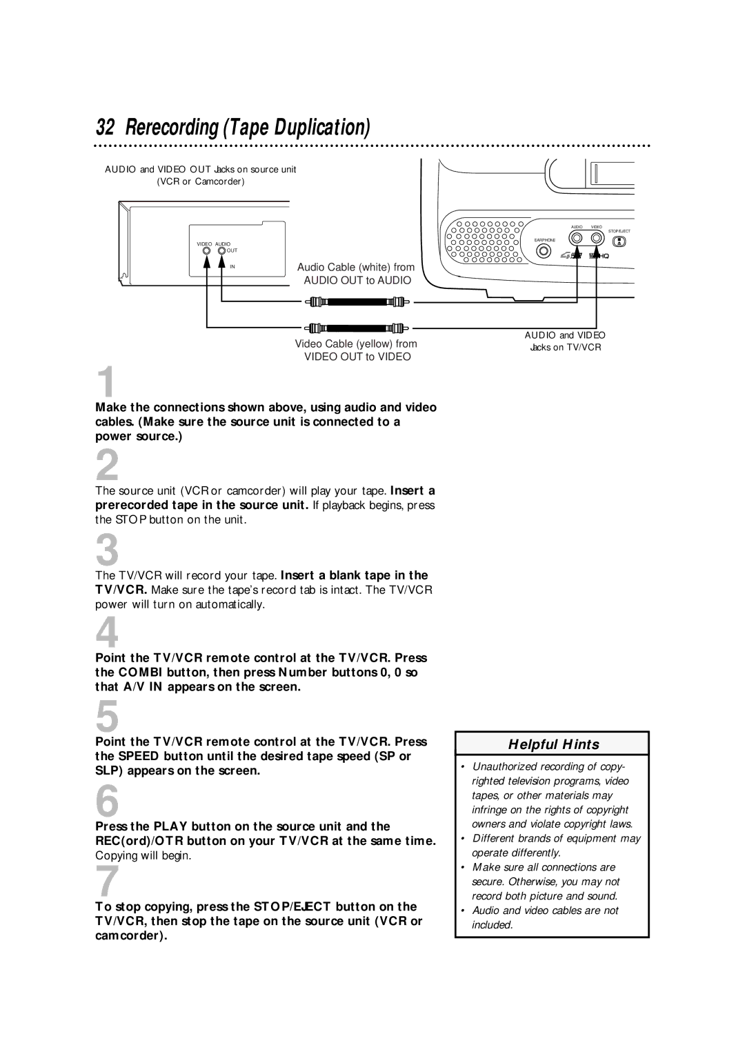 Philips CCA194AT owner manual Rerecording Tape Duplication, Different brands of equipment may operate differently 