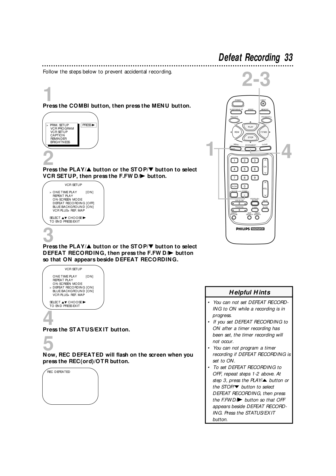 Philips CCA194AT Defeat Recording, Follow the steps below to prevent accidental recording, VCR Program VCR Setup Caption 