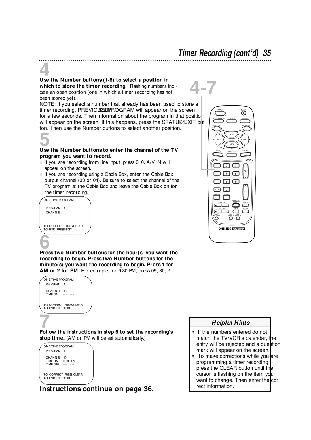 Philips CCA194AT owner manual ONE Time Program Channel Time on, Time OFF To Correct Press Clear To END Press Exit 