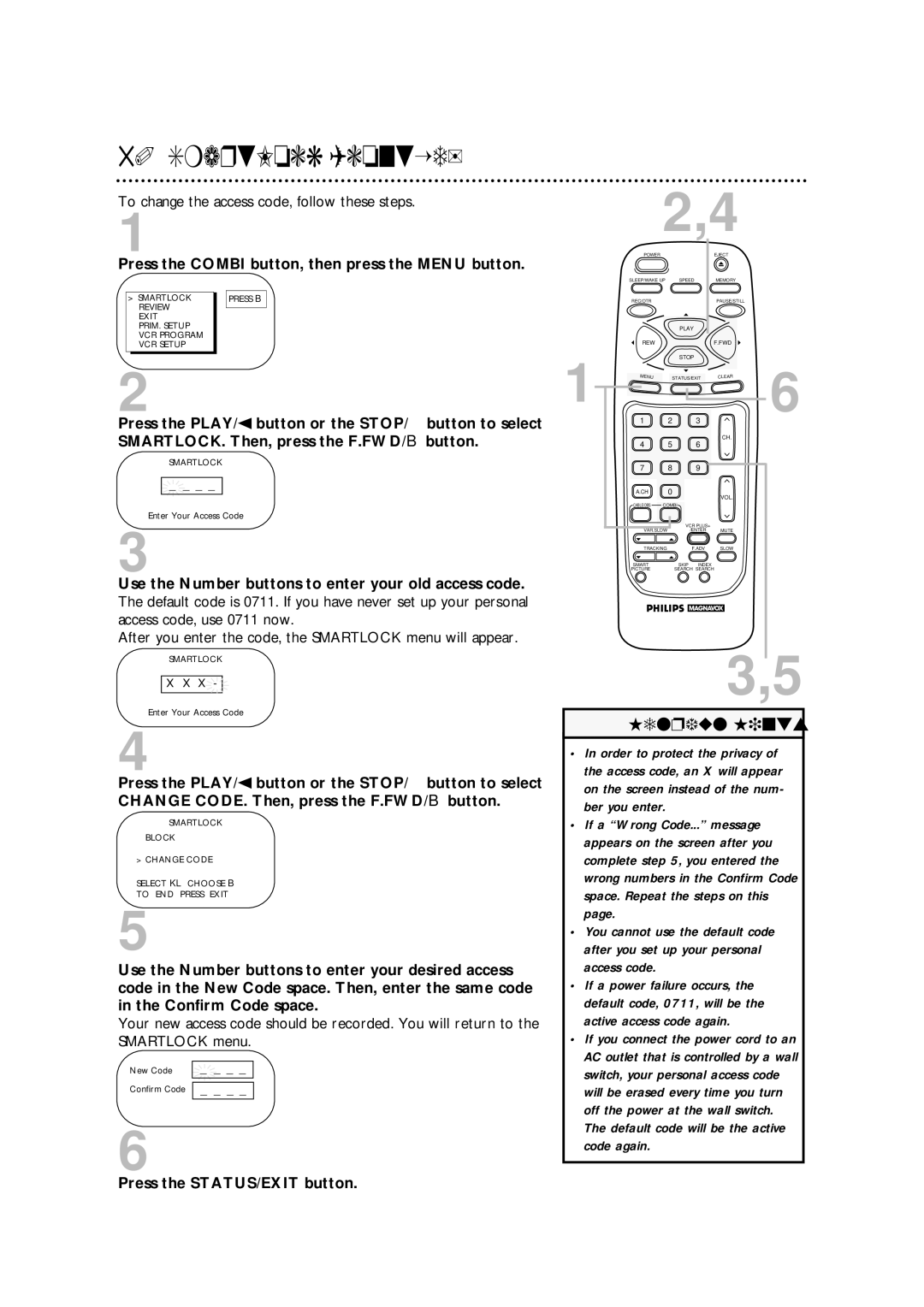 Philips CCA194AT To change the access code, follow these steps, After you enter the code, the Smartlock menu will appear 