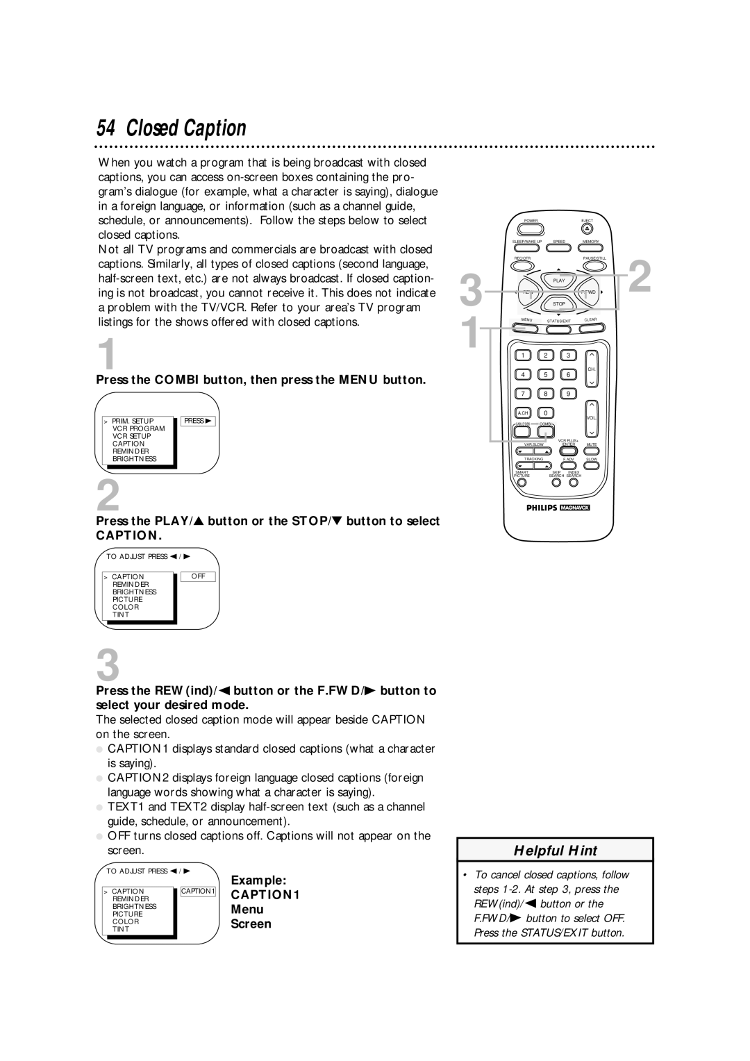 Philips CCA194AT owner manual Closed Caption, Example, Menu, Screen, Reminder Brightness 