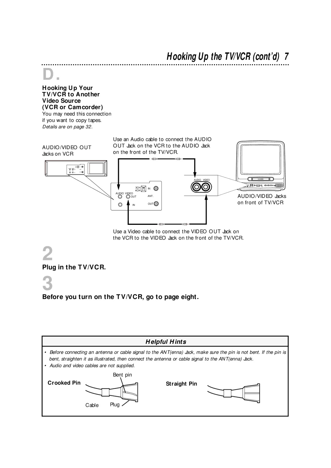 Philips CCA194AT owner manual Hooking Up the TV/VCR cont’d, Bent pin, Crooked Pin Straight Pin, Cable Plug 