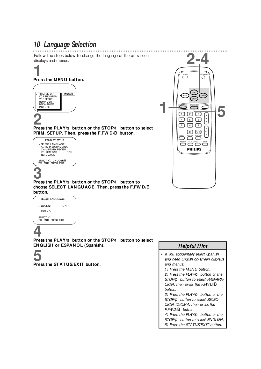 Philips CCB 092AT owner manual Language Selection, Press the Menu button 