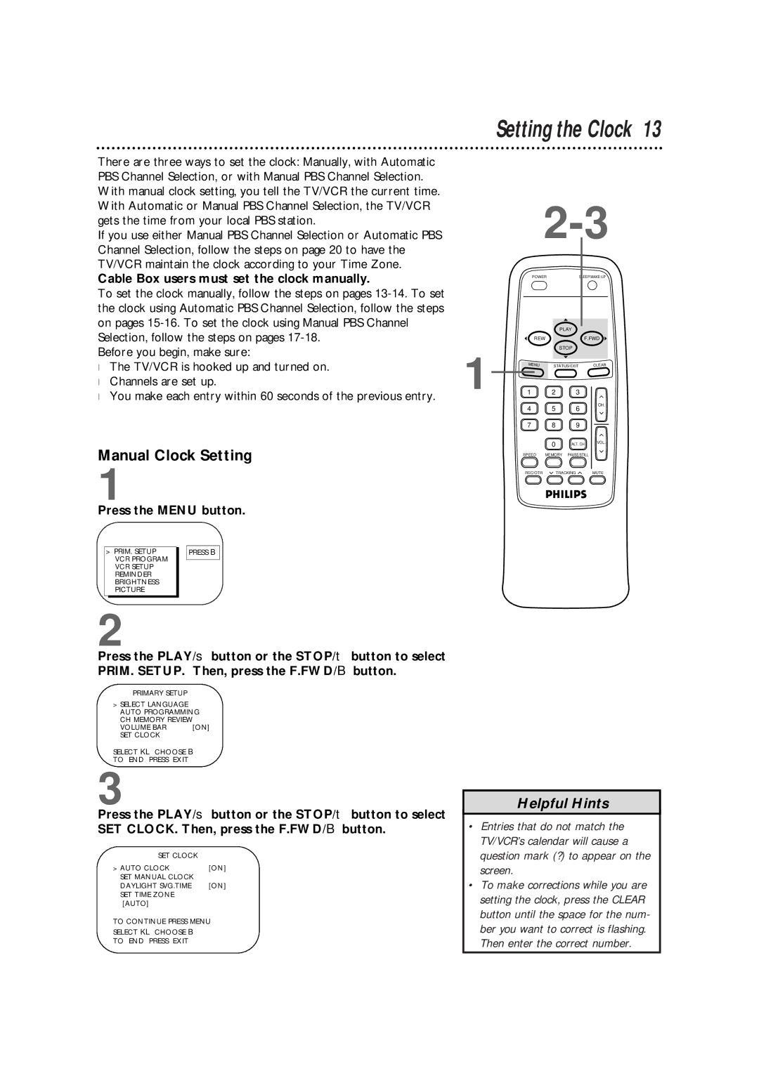 Philips CCB 092AT owner manual Setting the Clock, Manual Clock Setting, Cable Box users must set the clock manually 