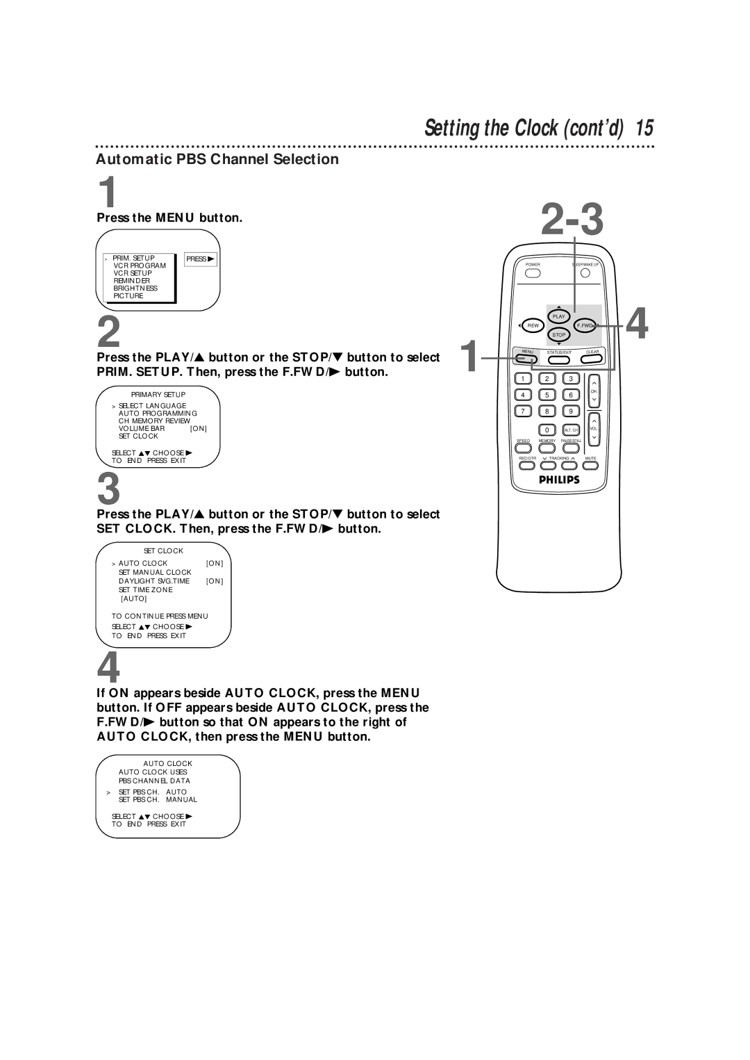 Philips CCB 092AT owner manual Setting the Clock cont’d, Automatic PBS Channel Selection 