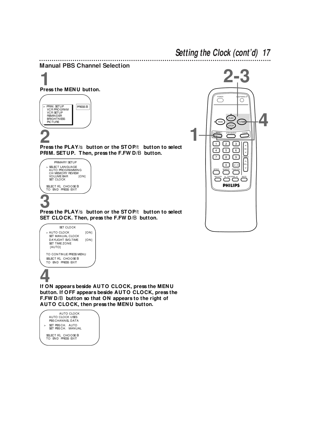 Philips CCB 092AT owner manual Manual PBS Channel Selection 