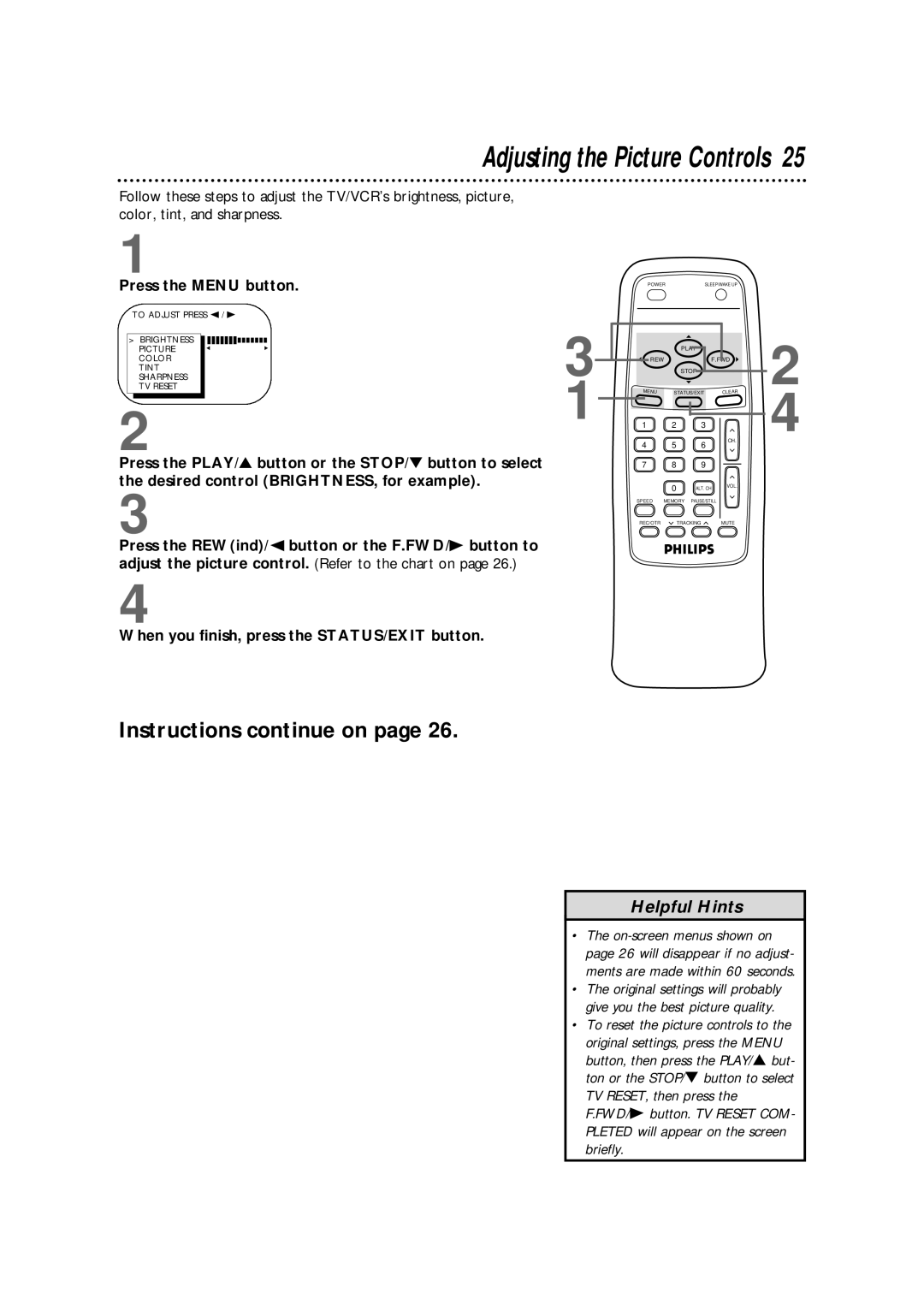 Philips CCB 092AT owner manual Adjusting the Picture Controls 