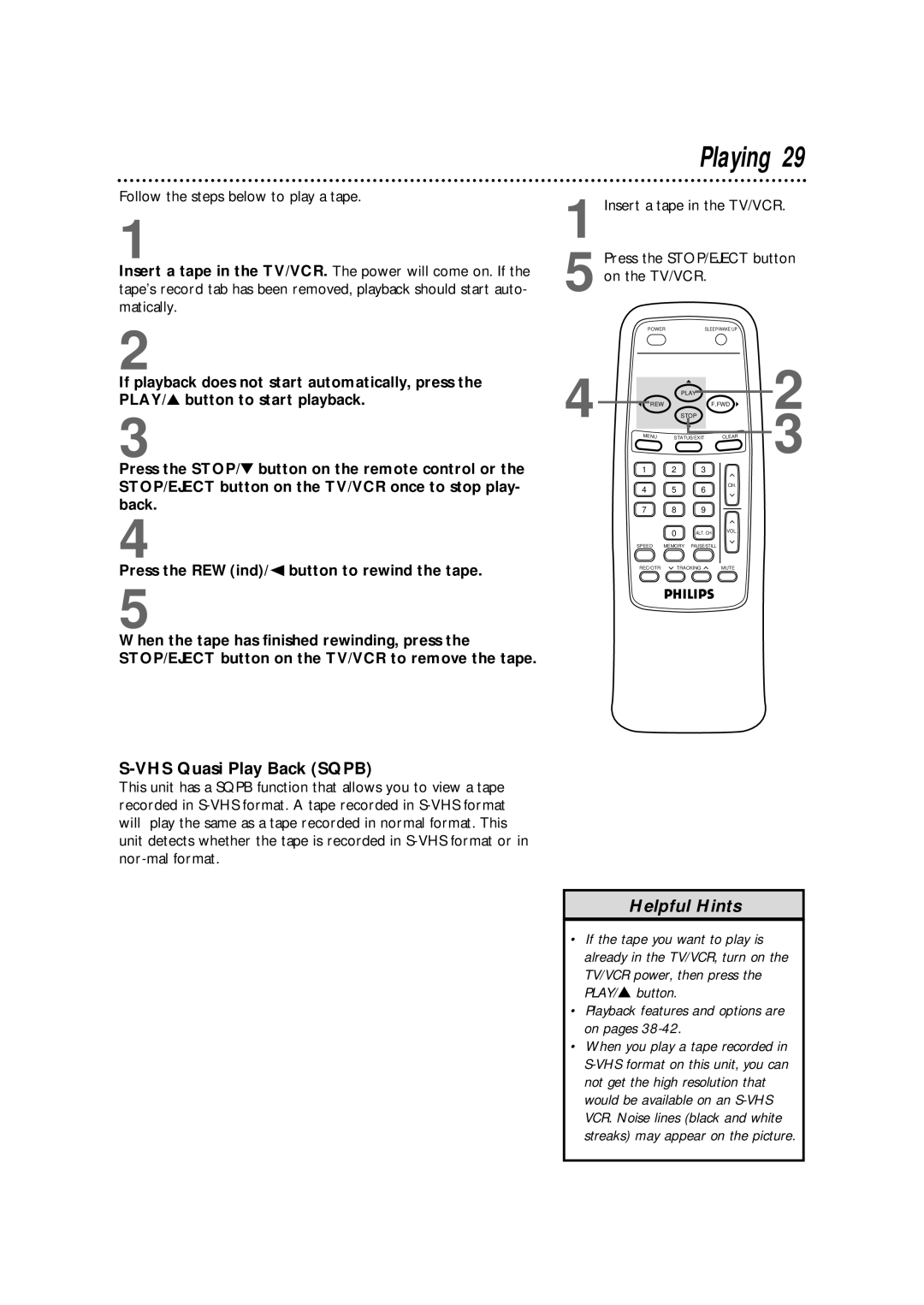 Philips CCB 092AT owner manual Playing, VHS Quasi Play Back Sqpb 