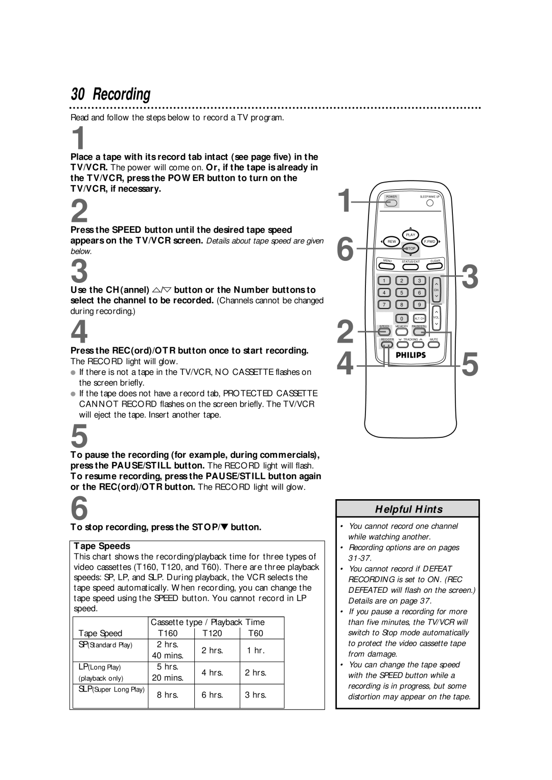 Philips CCB 092AT owner manual Recording, To stop recording, press the STOP/ button Tape Speeds 