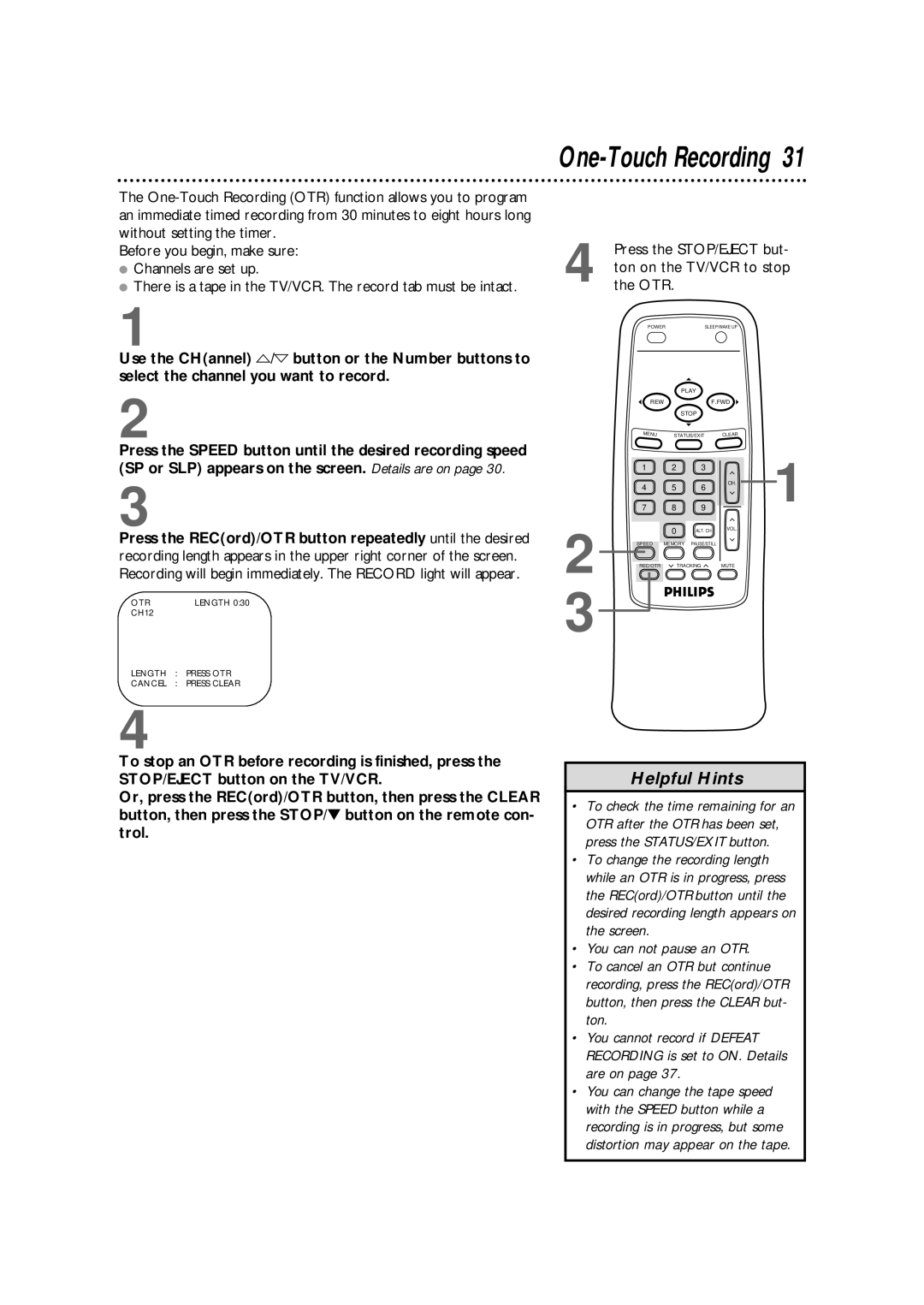 Philips CCB 092AT owner manual One-Touch Recording 