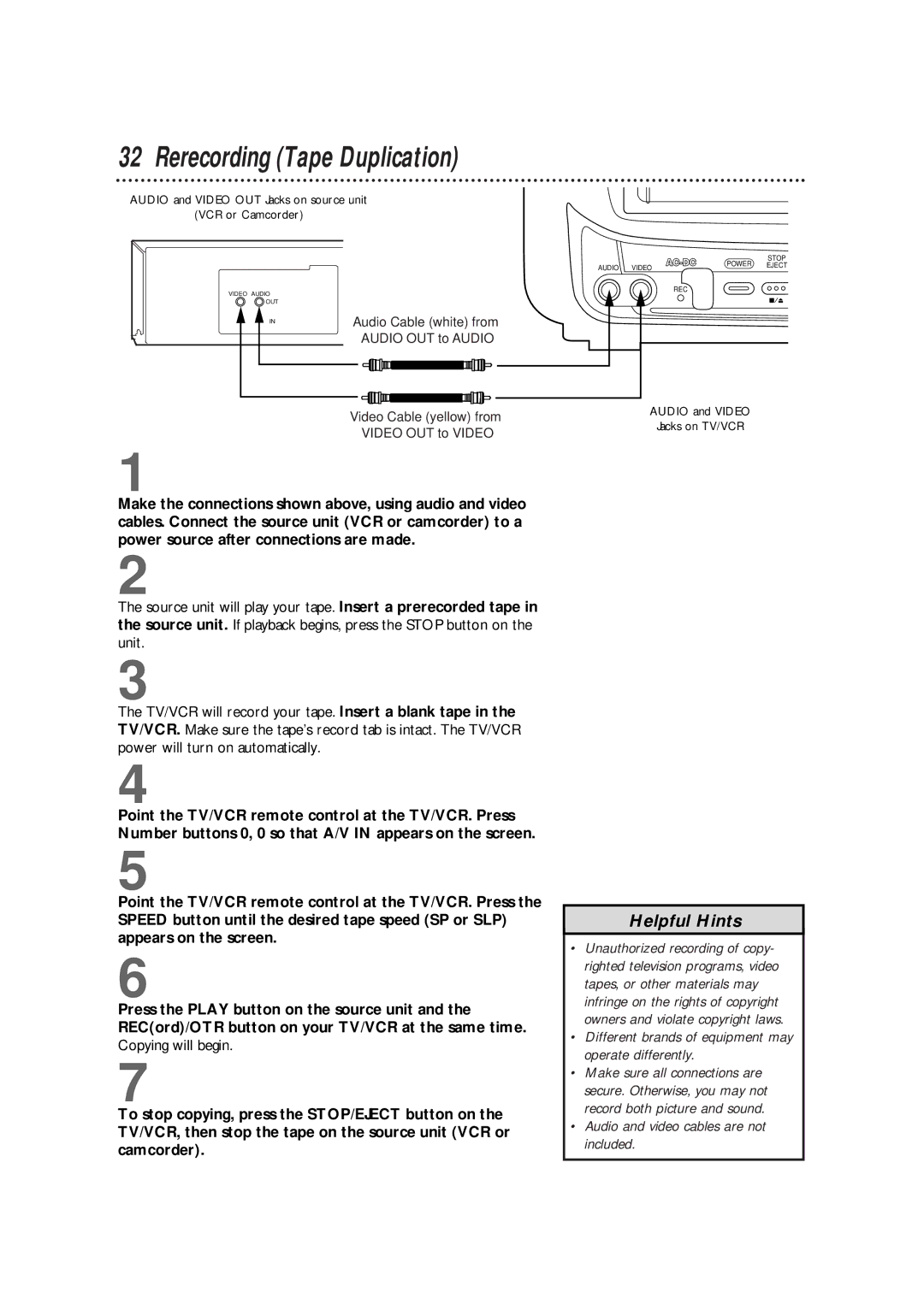 Philips CCB 092AT owner manual Rerecording Tape Duplication, Different brands of equipment may operate differently 