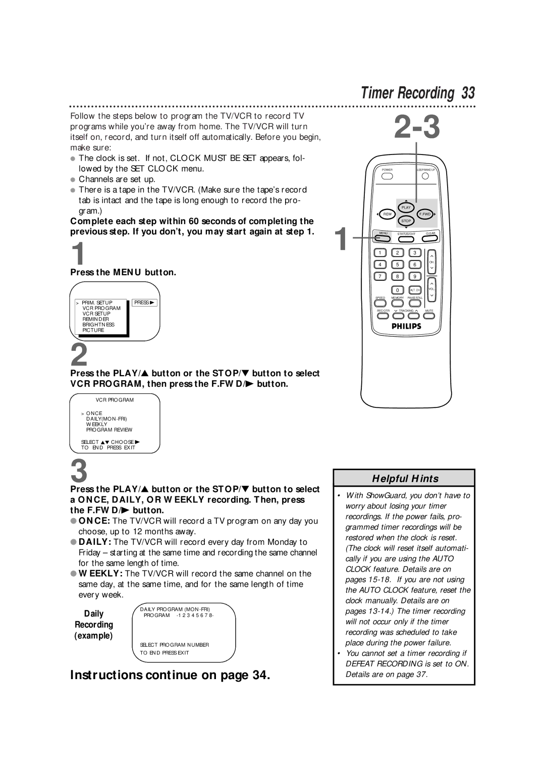 Philips CCB 092AT owner manual Timer Recording, Daily 