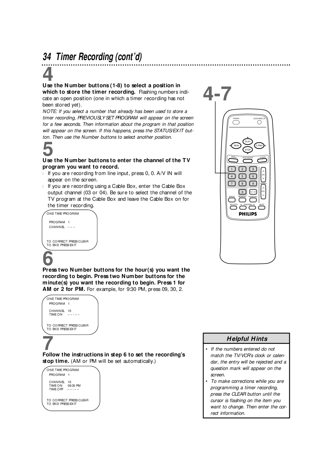 Philips CCB 092AT owner manual Timer Recording cont’d, Time OFF To Correct Press Clear To END Press Exit 