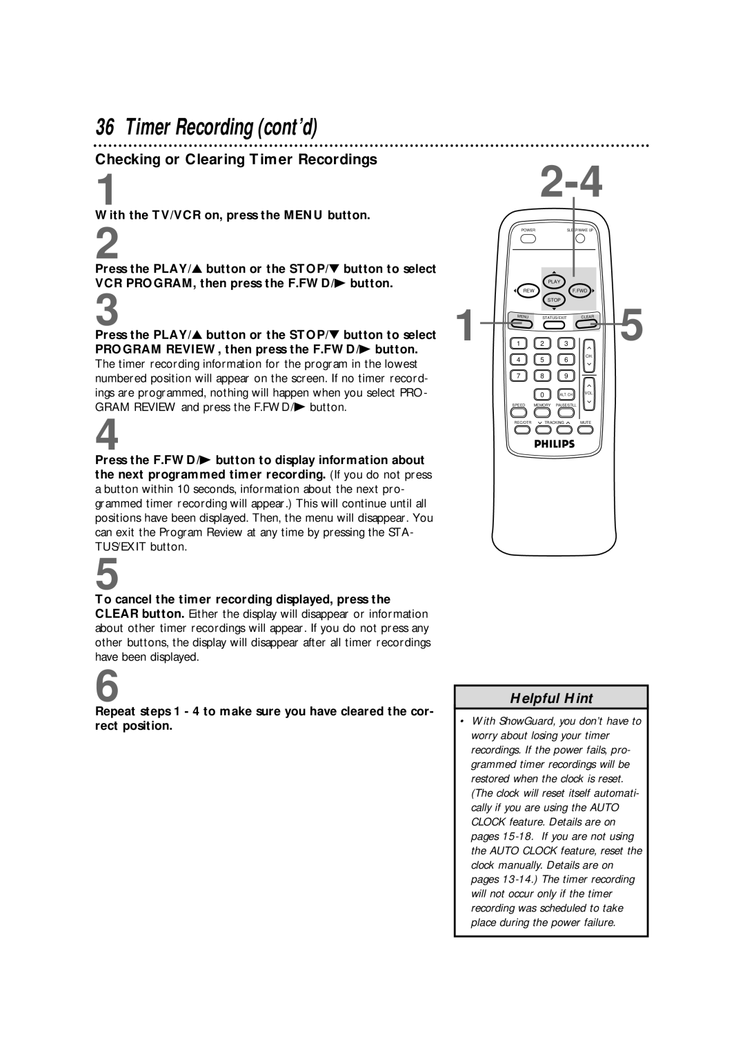 Philips CCB 092AT owner manual Checking or Clearing Timer Recordings, With the TV/VCR on, press the Menu button 