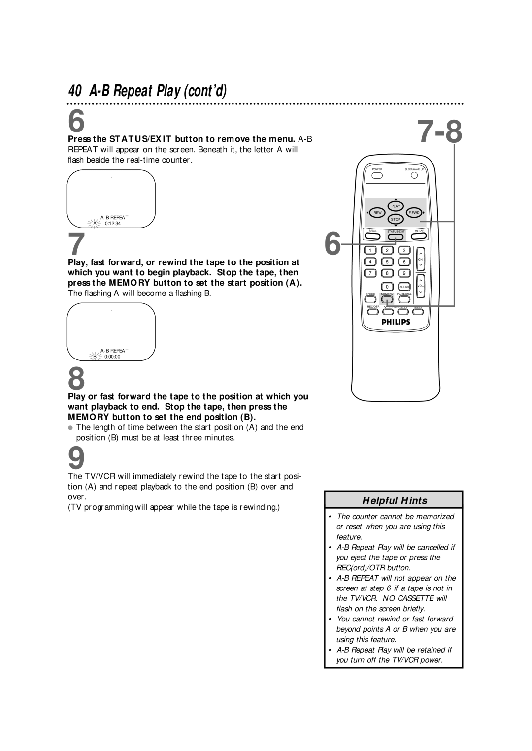 Philips CCB 092AT owner manual B Repeat Play cont’d, Press the STATUS/EXIT button to remove the menu. A-B 