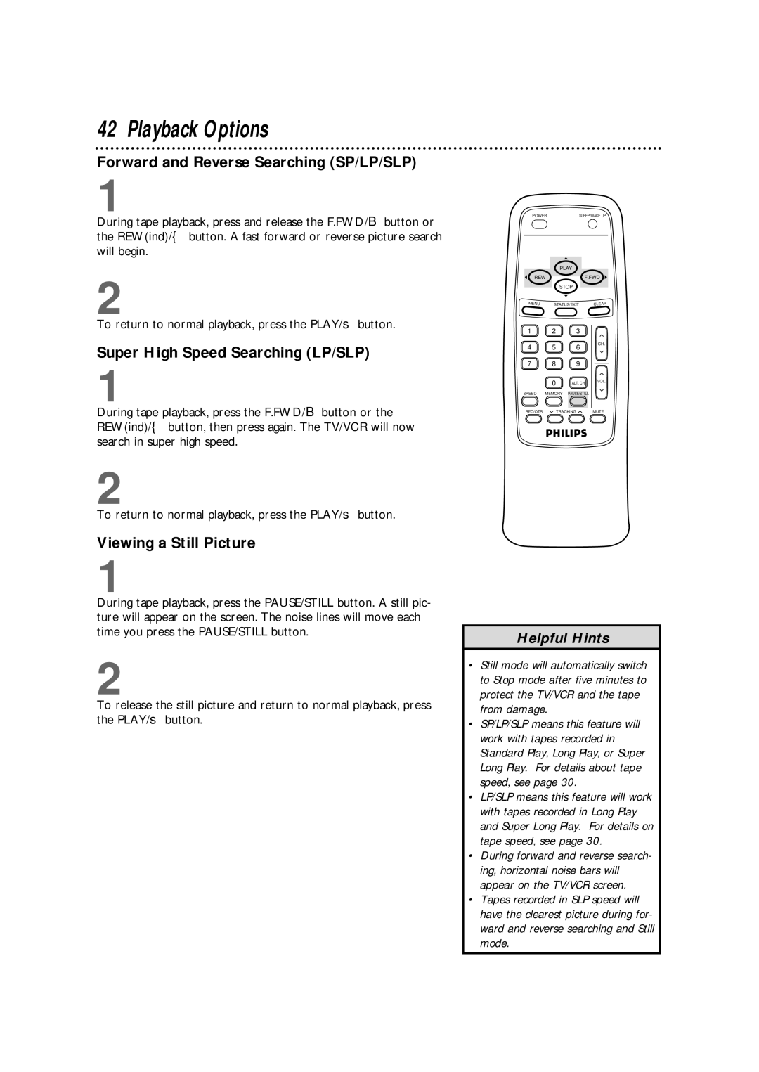 Philips CCB 092AT owner manual Playback Options, Forward and Reverse Searching SP/LP/SLP, Super High Speed Searching LP/SLP 