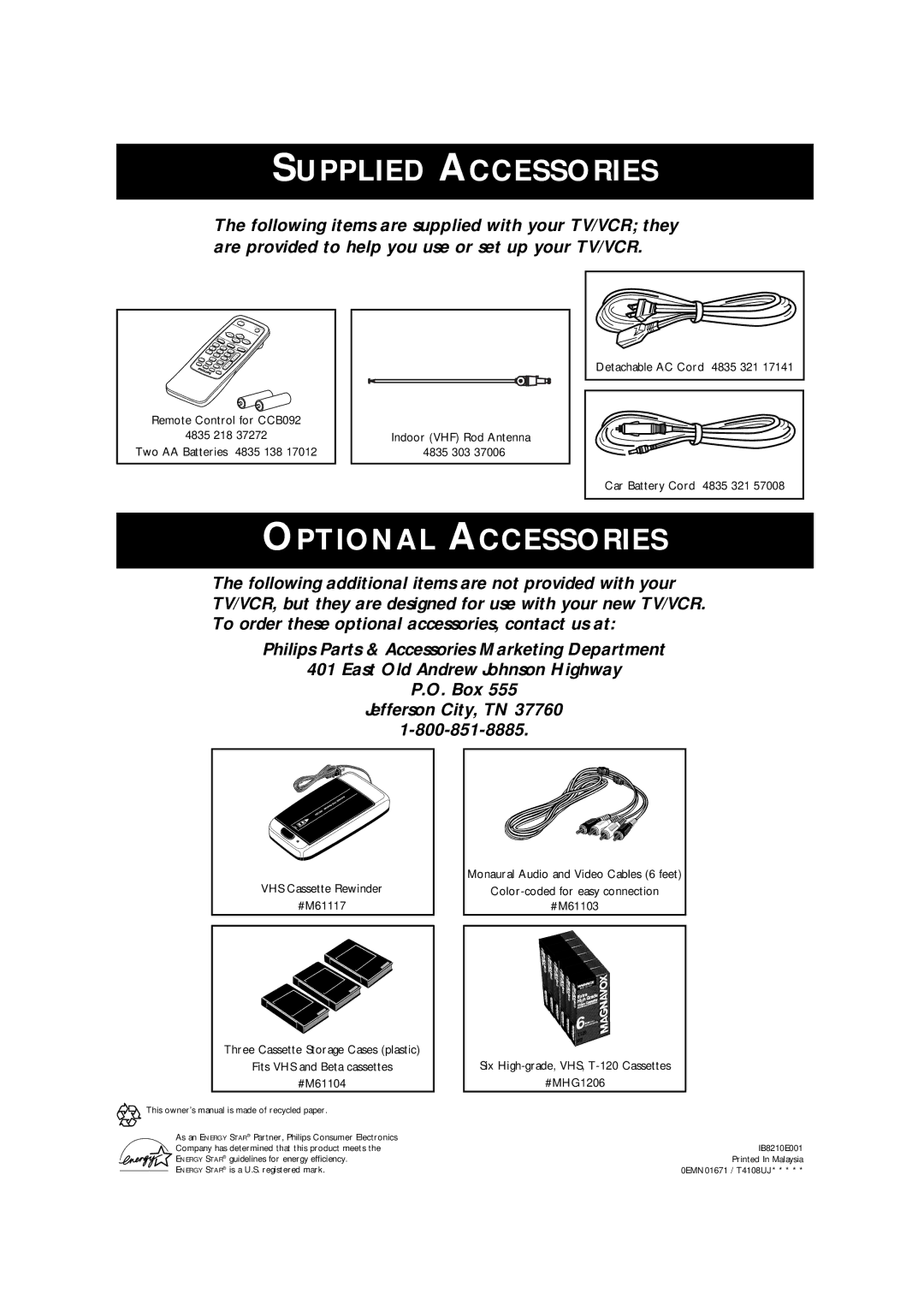 Philips CCB 092AT owner manual Supplied Accessories 