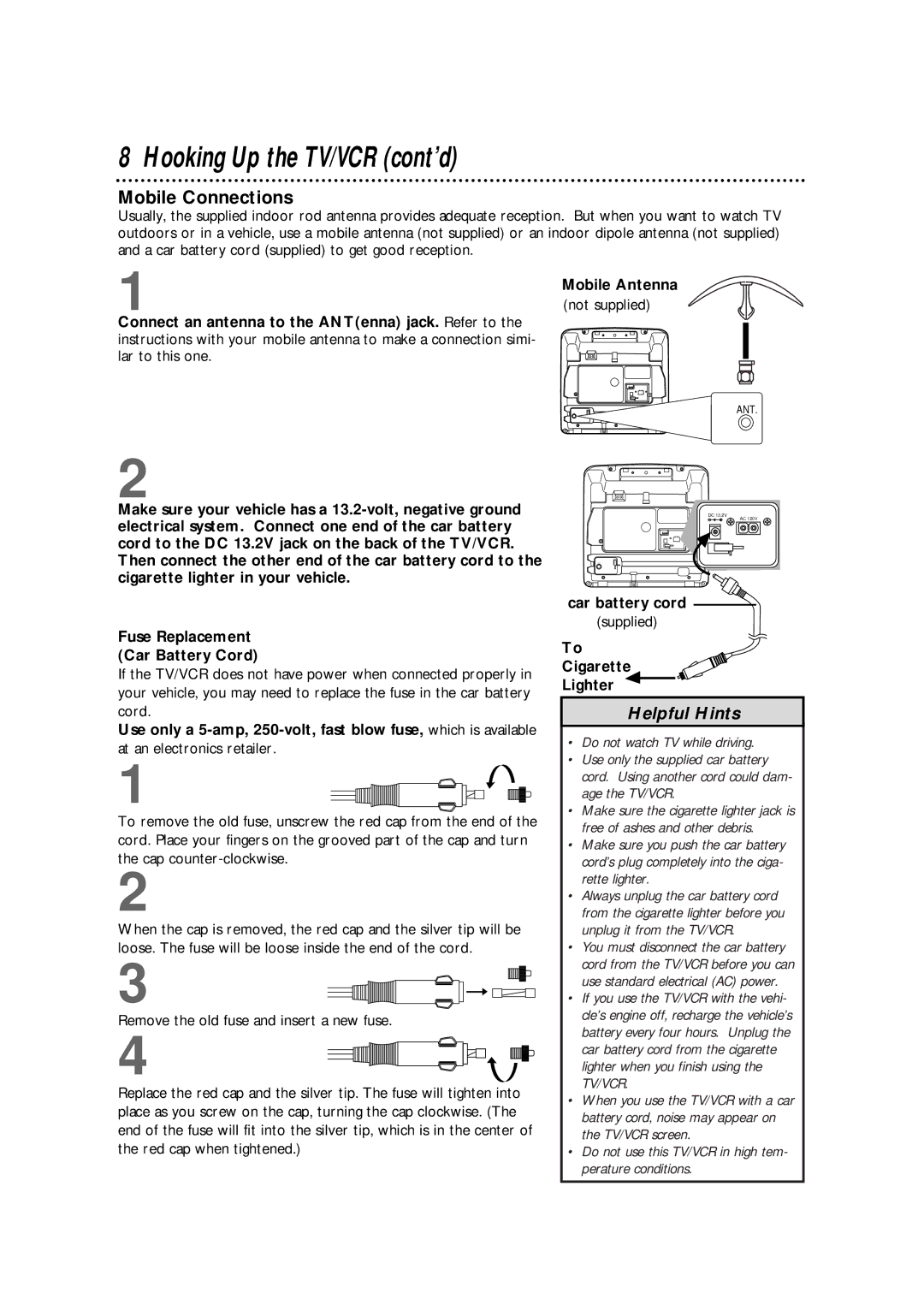 Philips CCB 092AT owner manual Hooking Up the TV/VCR cont’d, Mobile Connections, Cigarette Lighter 