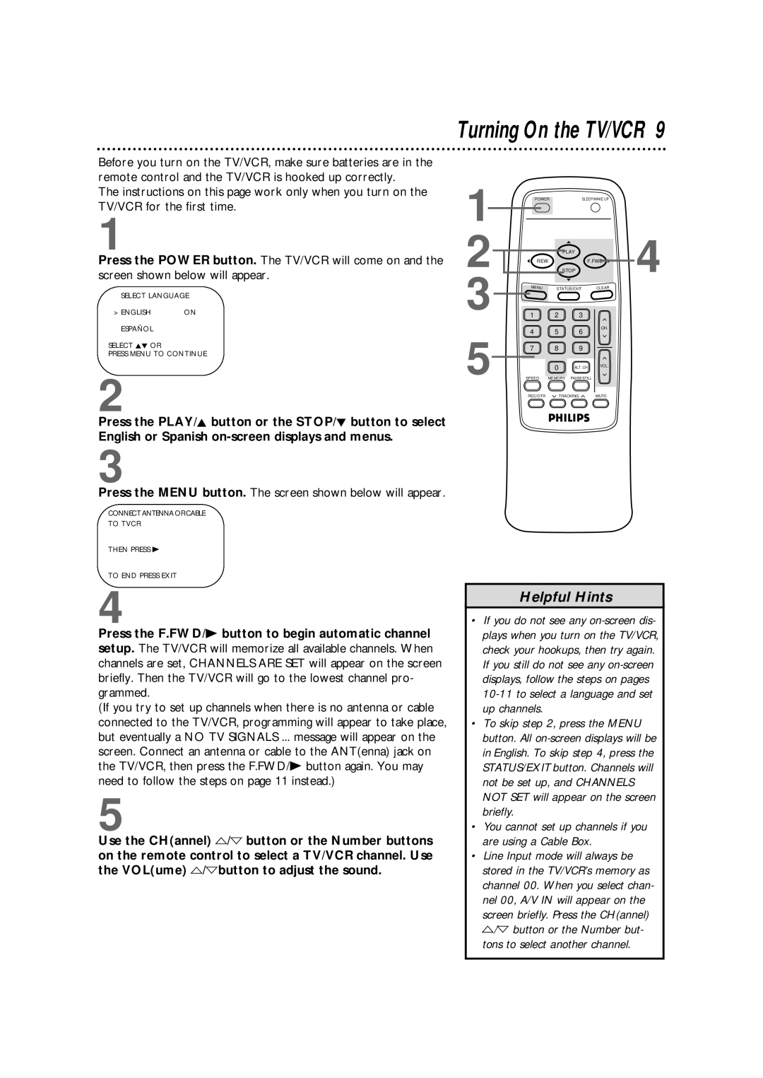 Philips CCB 092AT owner manual Turning On the TV/VCR, You cannot set up channels if you are using a Cable Box 