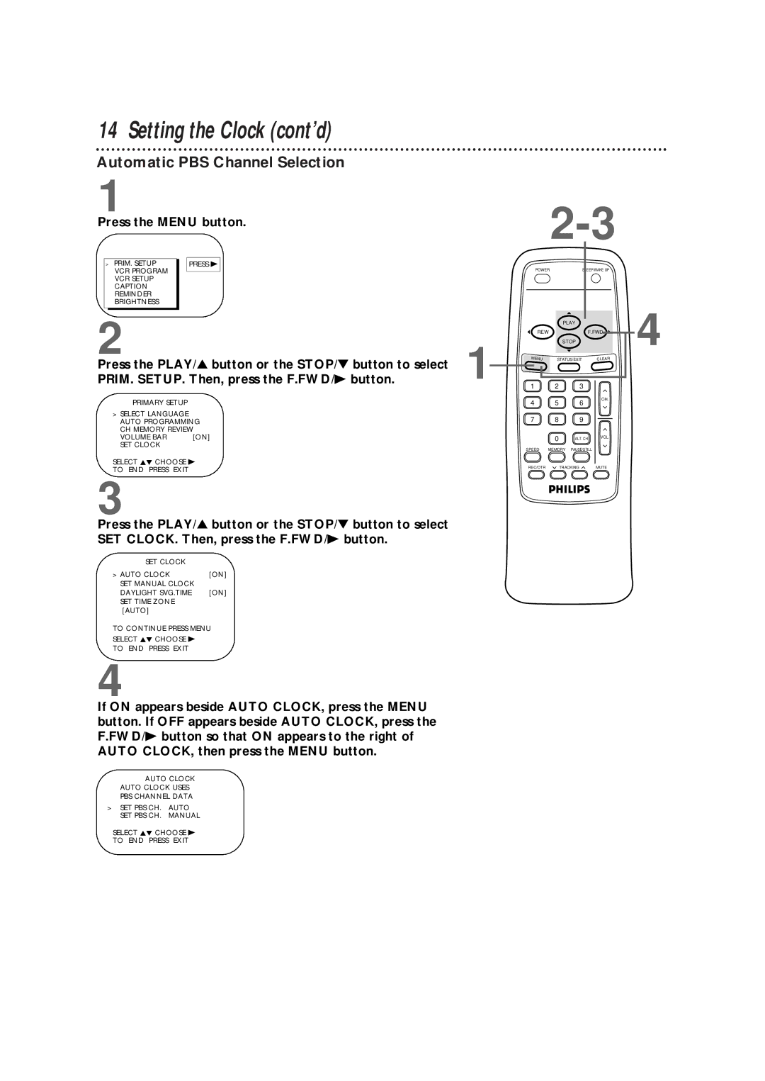 Philips CCB190AT, CCB 132AT, CCB 192AT owner manual Setting the Clock cont’d, Automatic PBS Channel Selection 