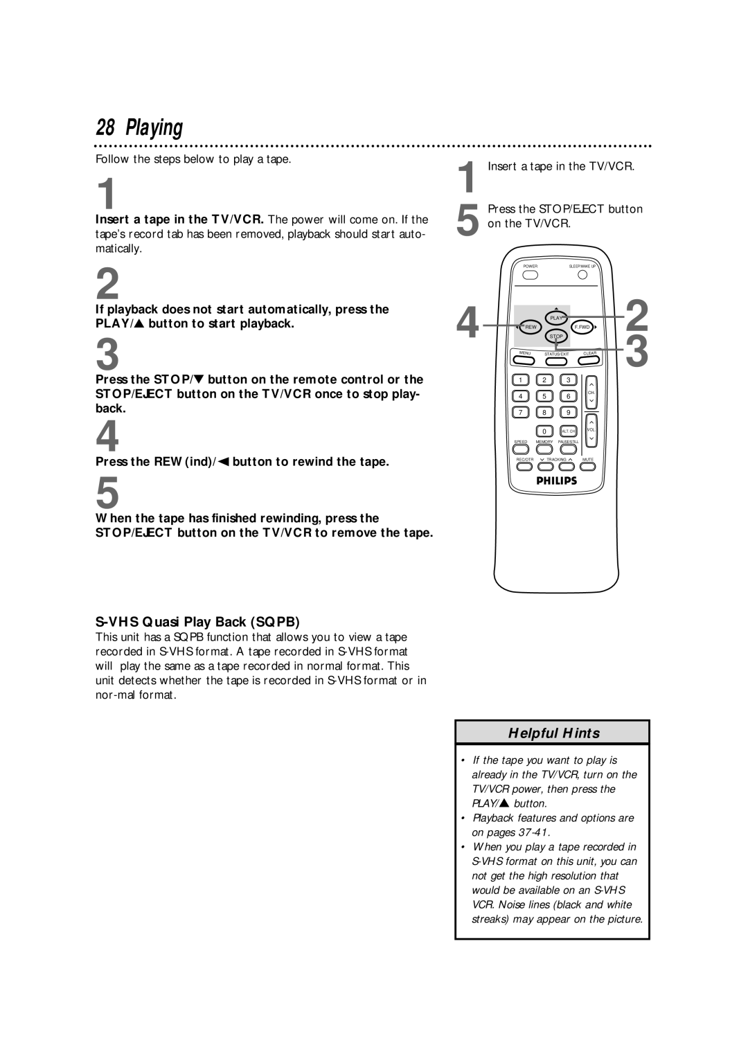 Philips CCB 192AT, CCB 132AT, CCB190AT owner manual Playing, VHS Quasi Play Back Sqpb 