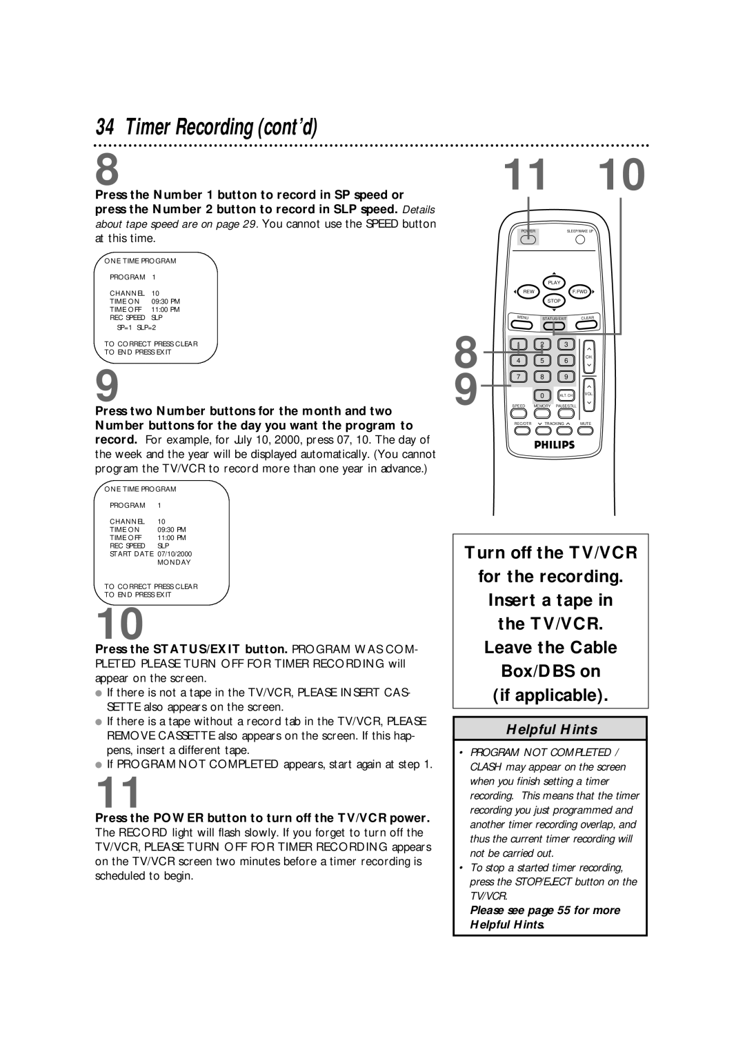 Philips CCB 192AT, CCB 132AT, CCB190AT owner manual Timer Recording cont’d 