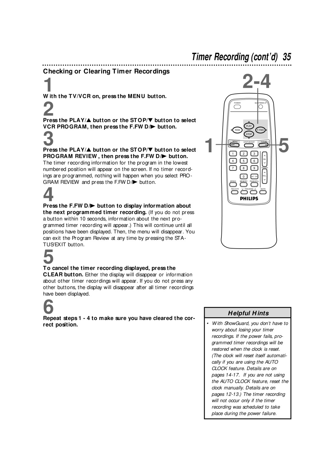 Philips CCB190AT, CCB 132AT, CCB 192AT Checking or Clearing Timer Recordings, Gram Review and press the F.FWD/B button 