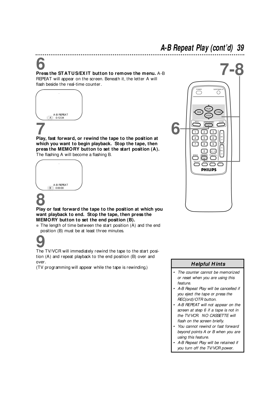 Philips CCB 132AT, CCB 192AT, CCB190AT owner manual Repeat Play cont’d, Press the STATUS/EXIT button to remove the menu. A-B 